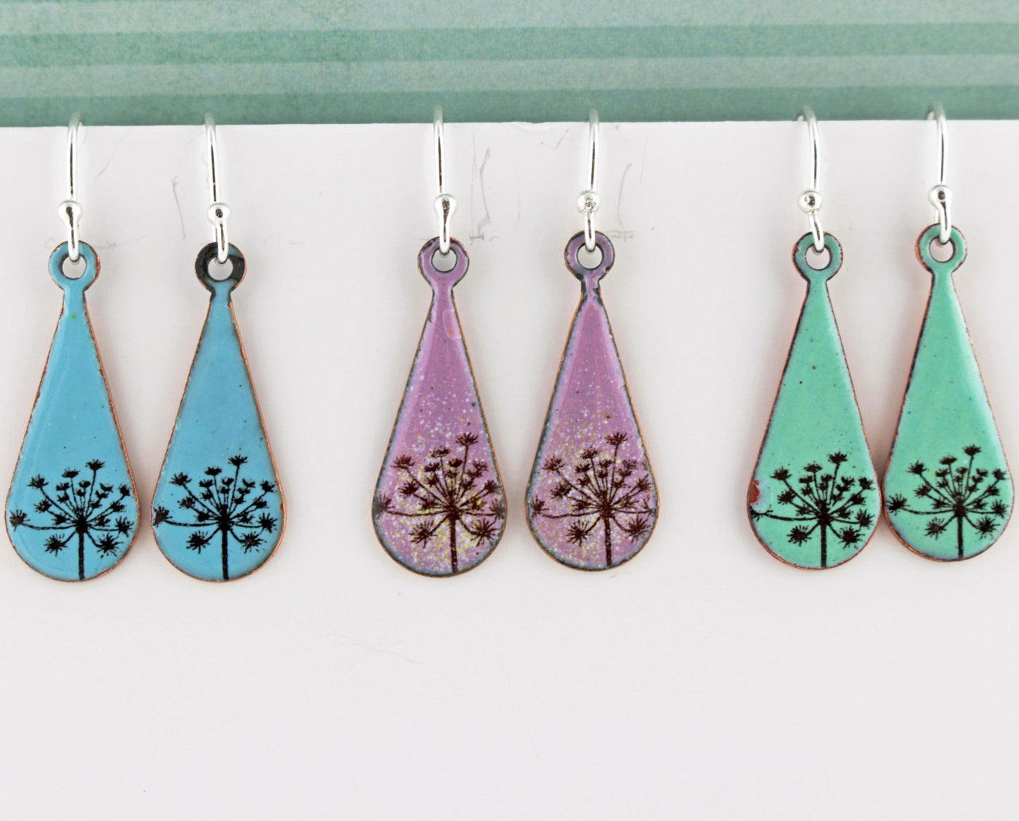 Cow parsley enamel earrings in either blue, green or lilac. - Katie Johnston Jewellery