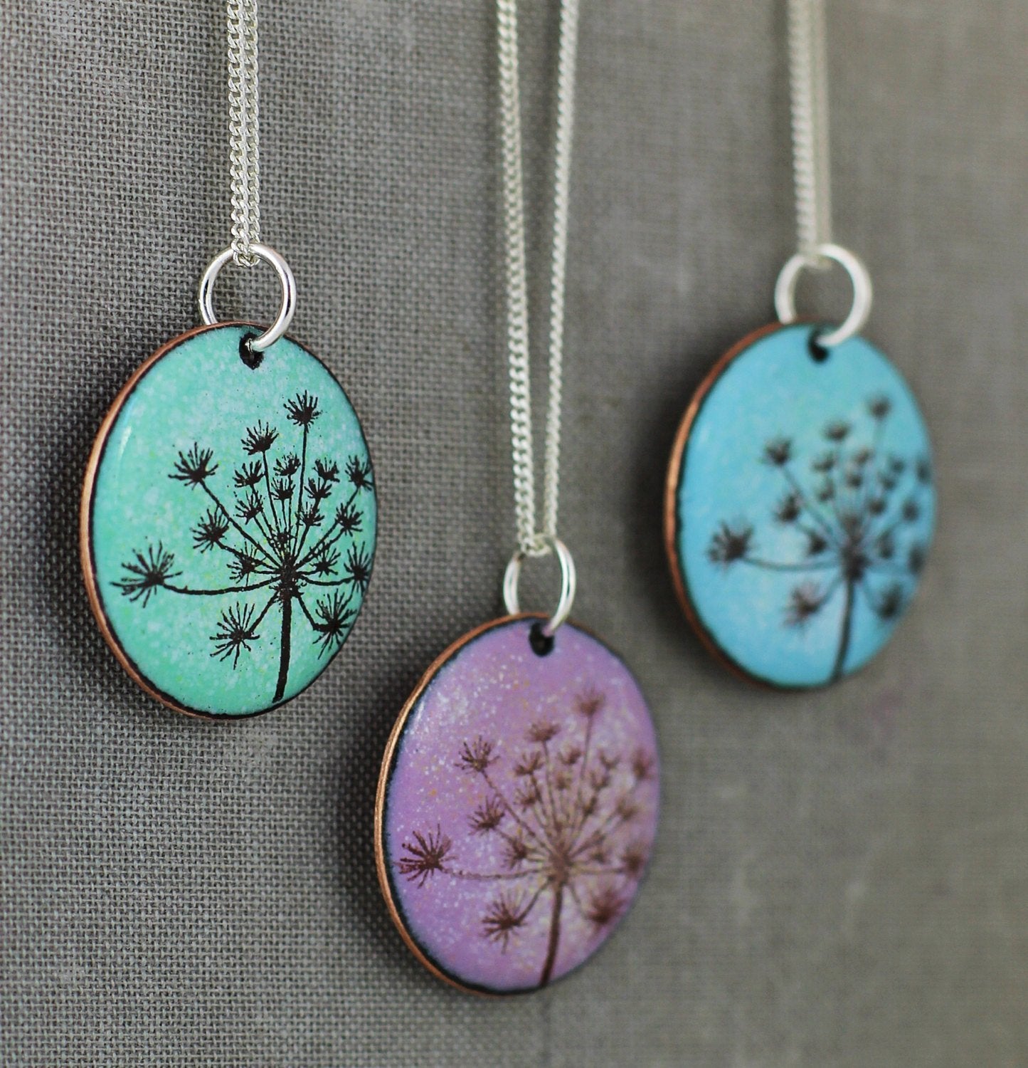 Cow Parsley Enamel Pendant on 18' sterling silver chain available in blue, green, lilac/pink - Katie Johnston Jewellery