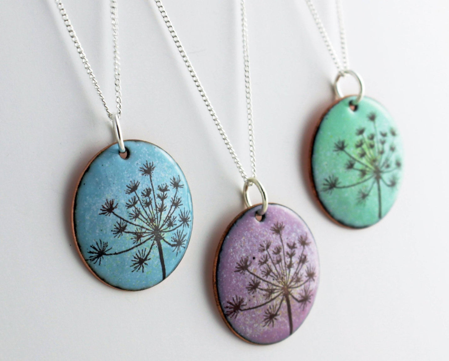 Cow Parsley Enamel Pendant on 18' sterling silver chain available in blue, green, lilac/pink - Katie Johnston Jewellery