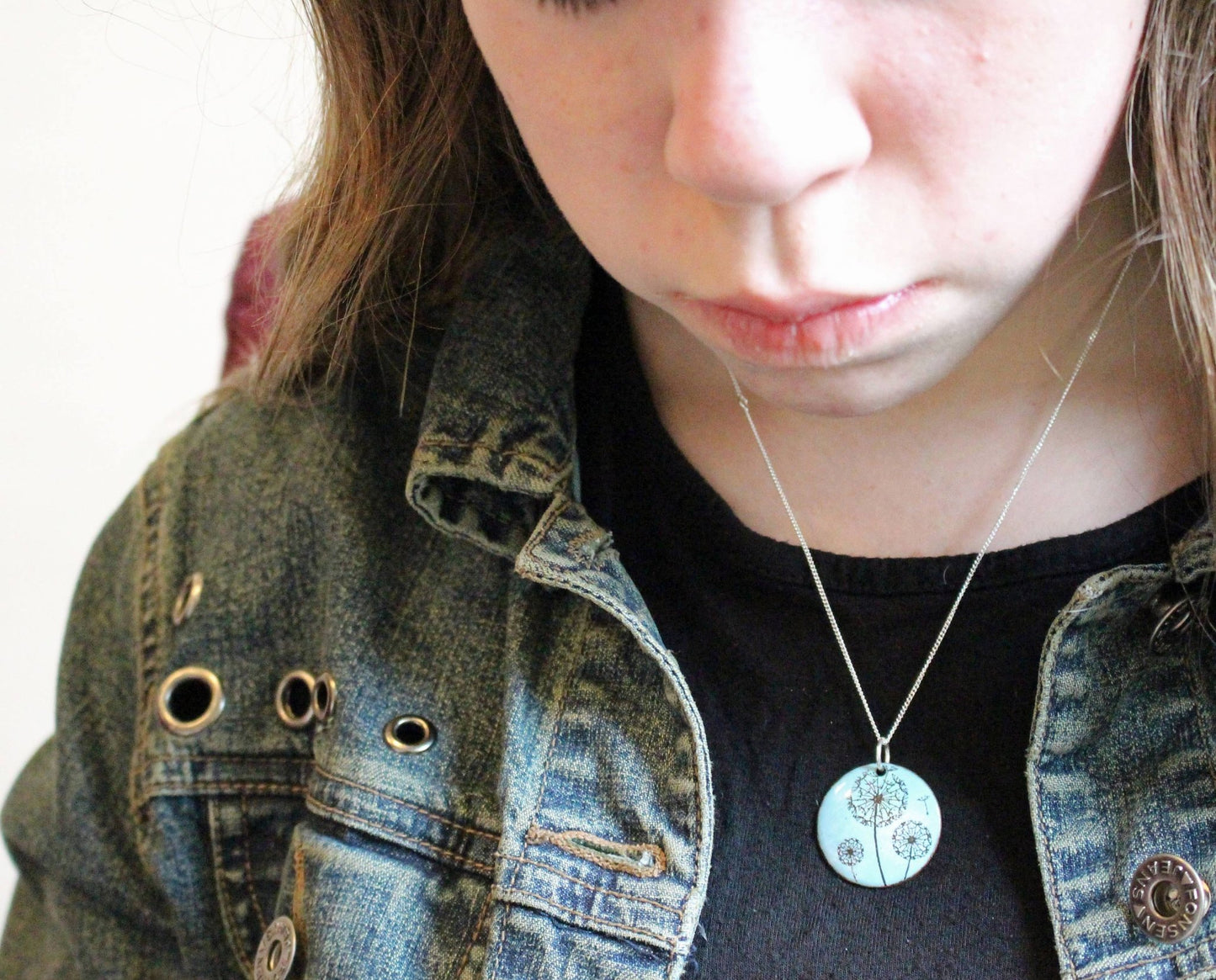 Dandelion Enamel Pendant on 18' sterling silver chain available in blue, green, lilac/pink. - Katie Johnston Jewellery