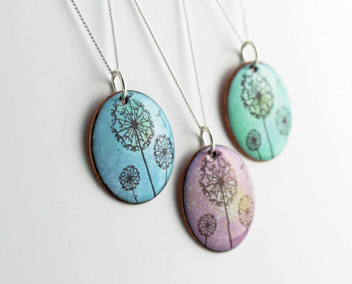 Dandelion Enamel Pendant on 18' sterling silver chain available in blue, green, lilac/pink. - Katie Johnston Jewellery