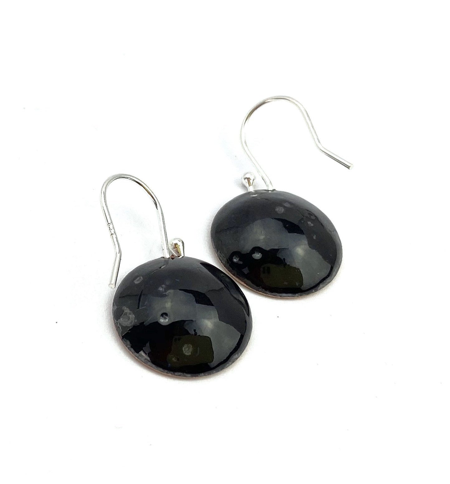 Enamel 'bowl' drop earrings. Little copper bowls filled with enamel on sterling silver wires. - Katie Johnston Jewellery