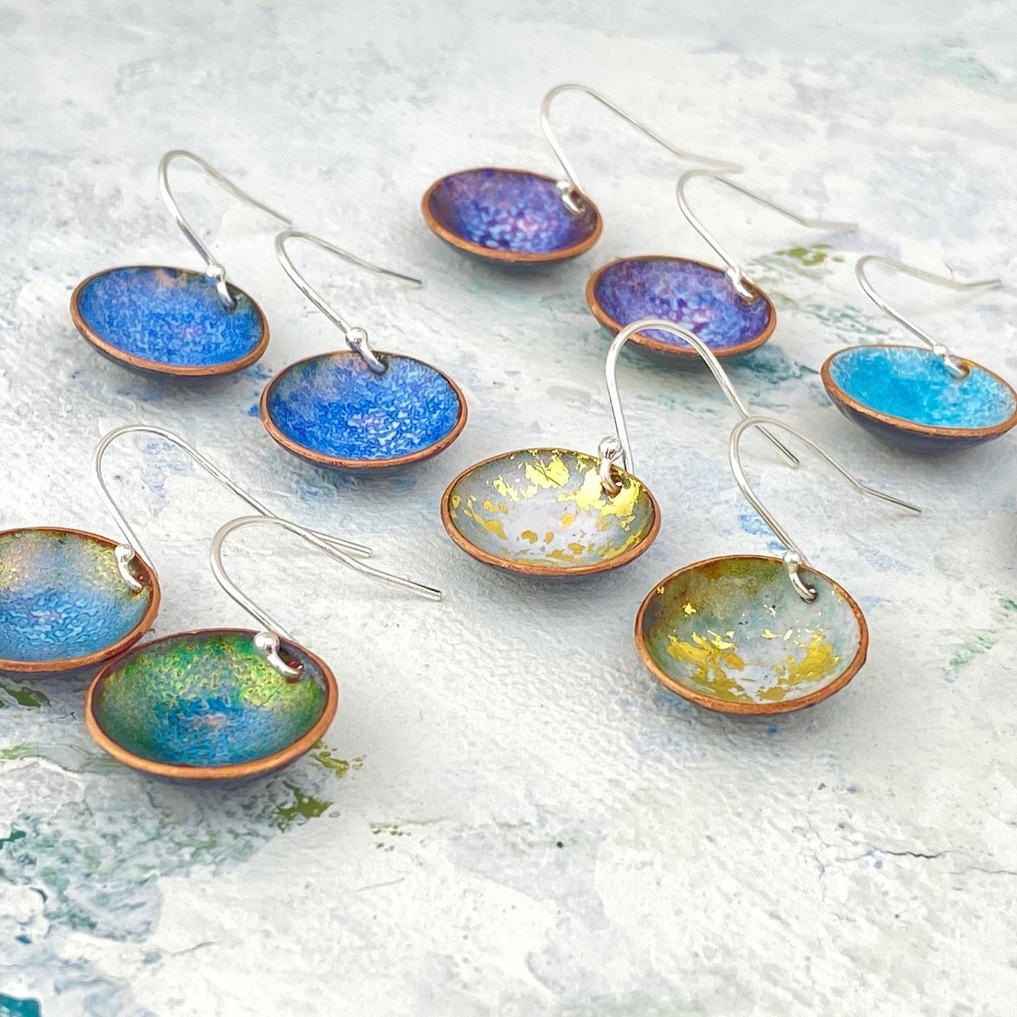 Enamel 'bowl' drop earrings. Little copper bowls filled with enamel on sterling silver wires. - Katie Johnston Jewellery