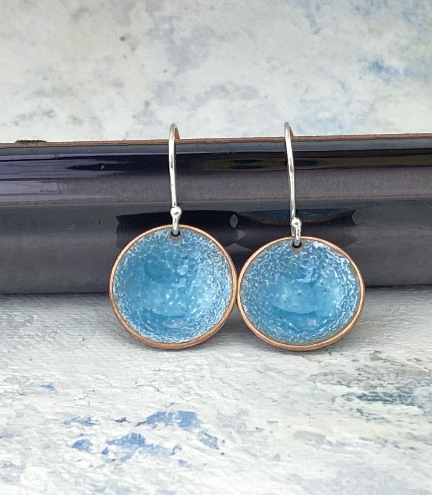 Enamel 'bowl' drop earrings. Little copper bowls filled with enamel on sterling silver wires. - Katie Johnston Jewellery