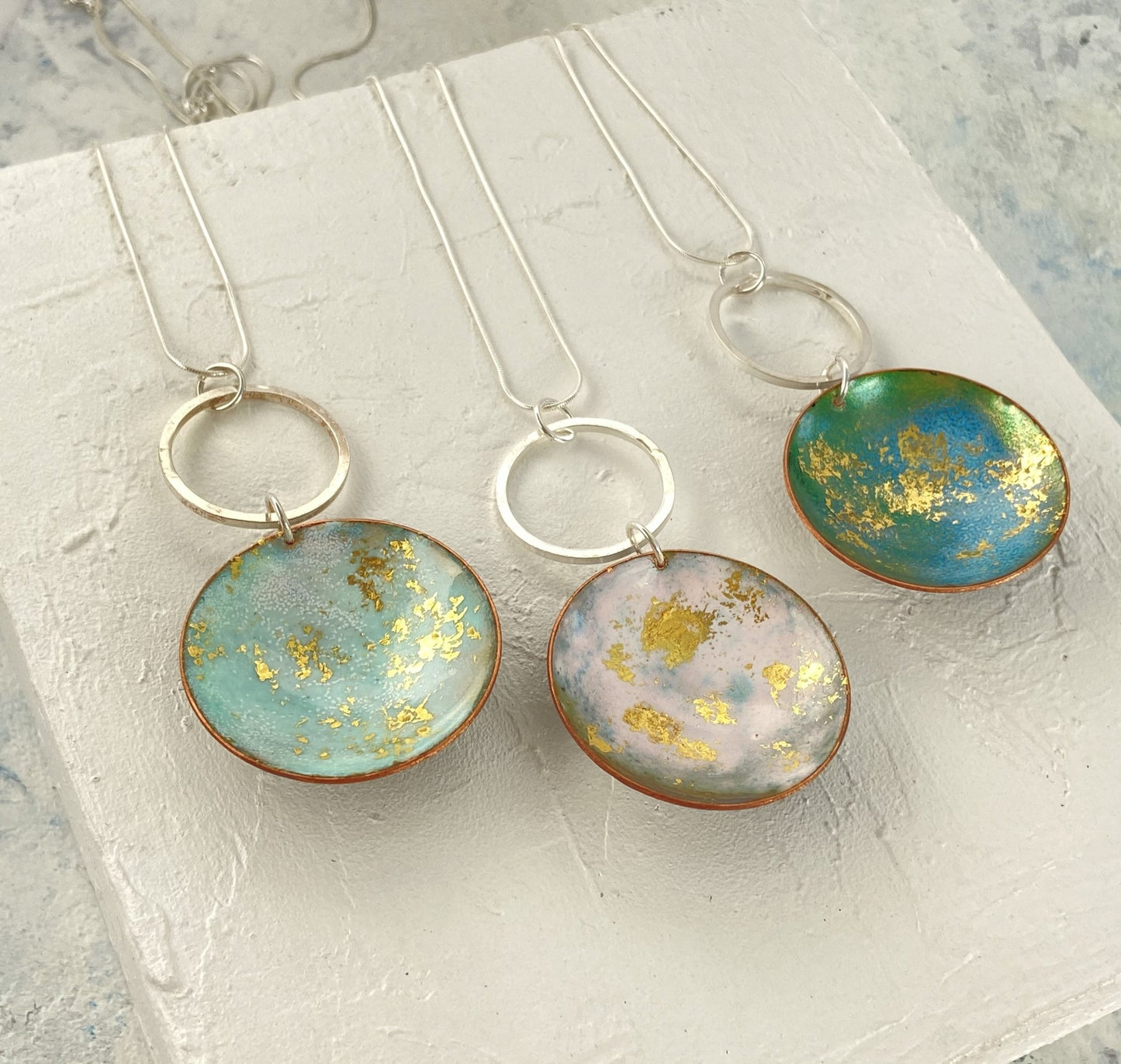 Enamel ‘bowl’ circular  pendant - White, gold, turquoise and green sterling silver hoop & chain - Katie Johnston Jewellery