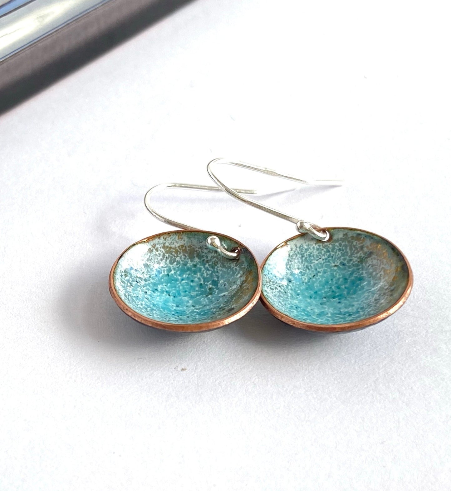 Enamel copper round bowl drop earrings- turquoise - Katie Johnston Jewellery