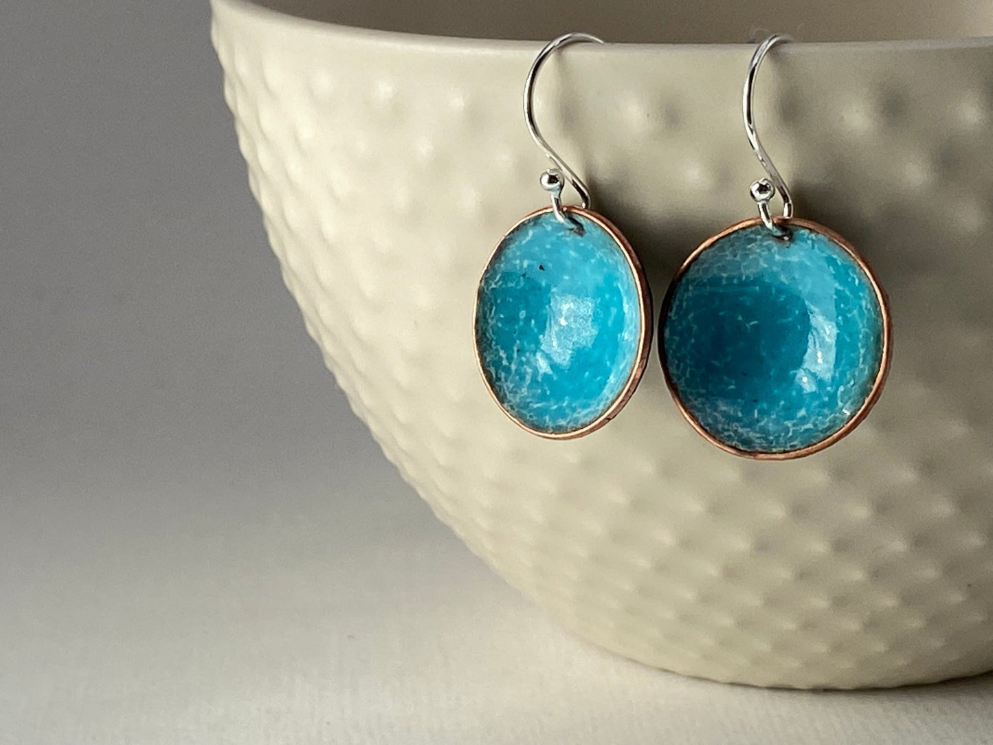 Enamel copper round bowl drop earrings- turquoise - Katie Johnston Jewellery