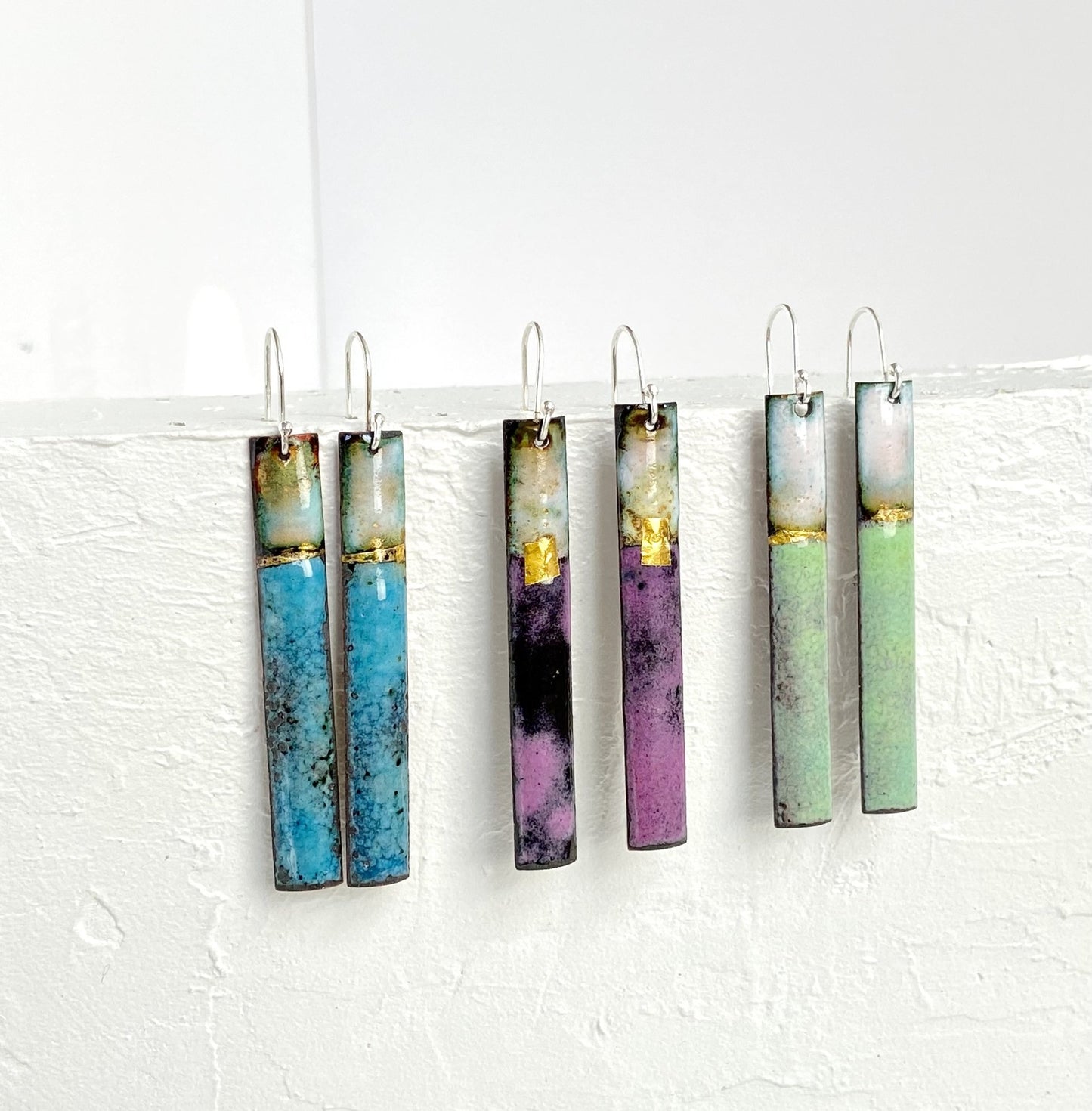 Enamel long rectangular dangle earrings with gold - Blue, green Purple - Katie Johnston Jewellery