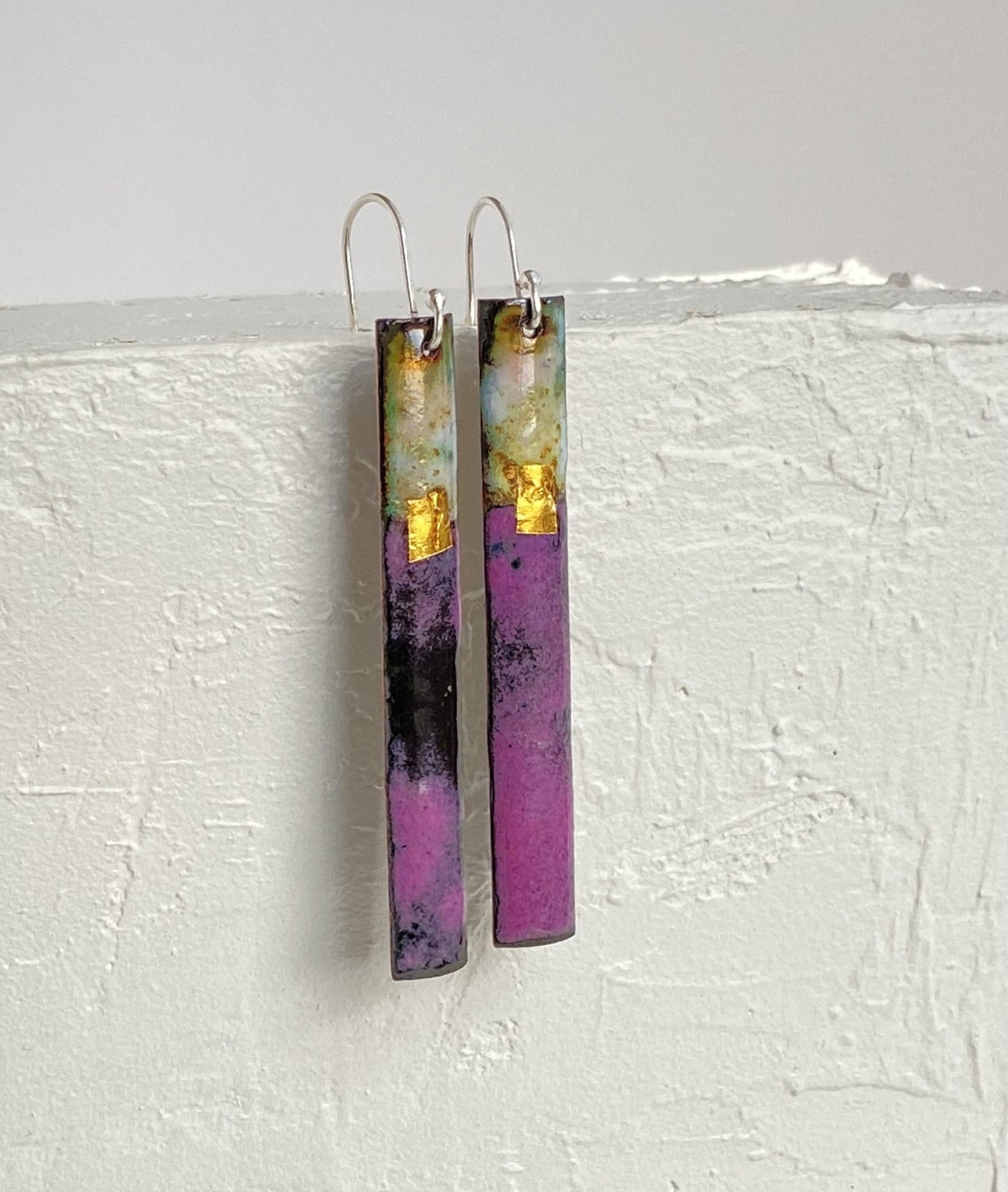 Enamel long rectangular dangle earrings with gold - Blue, green Purple - Katie Johnston Jewellery