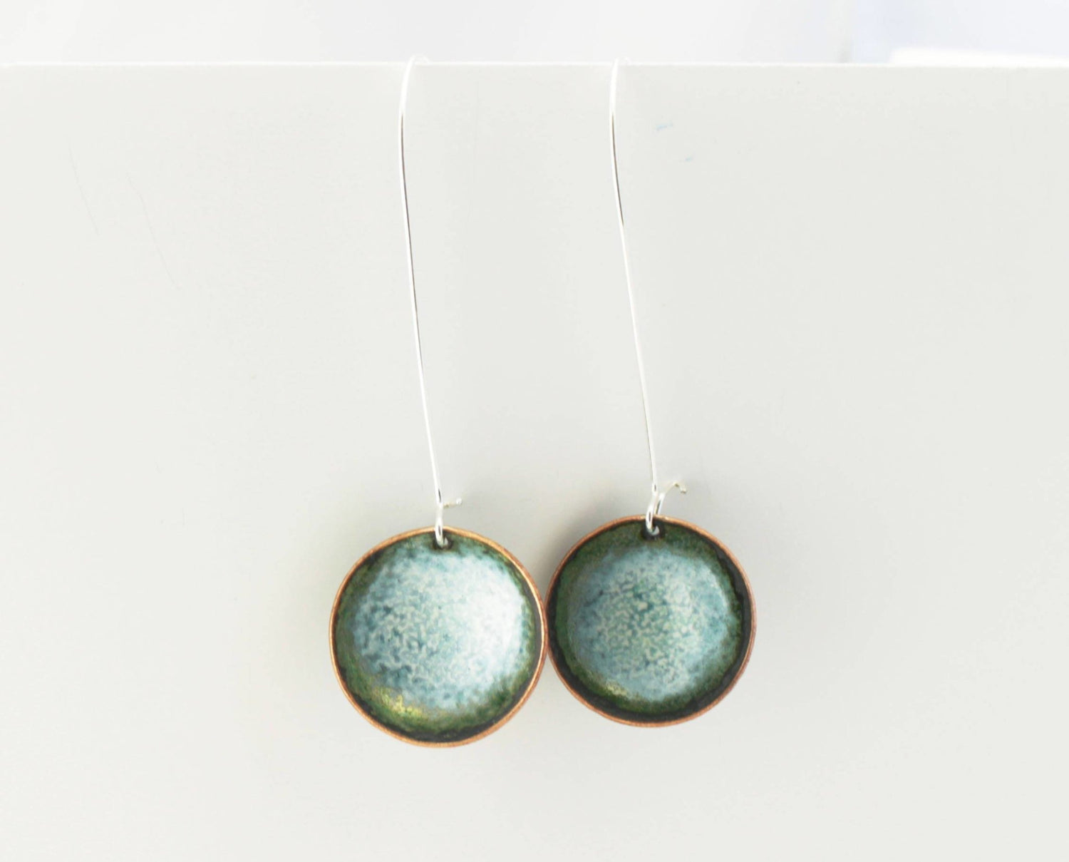 Green 'bowl' long drop enamel earrings - Katie Johnston Jewellery