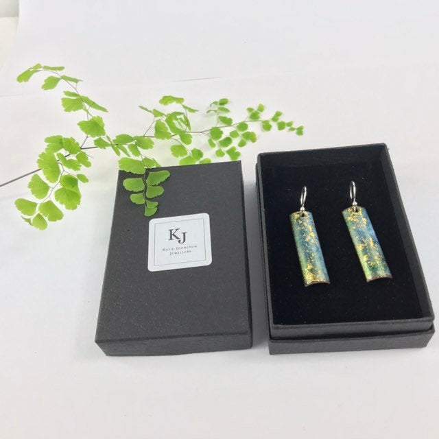 Green & gold rectangular drop earrings. - Katie Johnston Jewellery