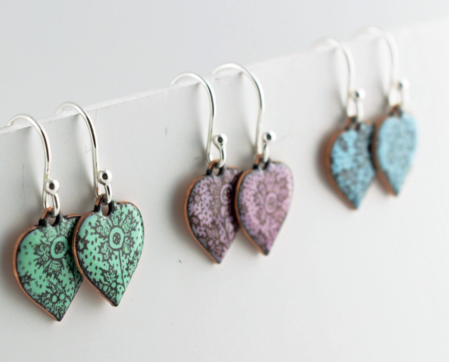 Heart enamel drop earrings. - Katie Johnston Jewellery