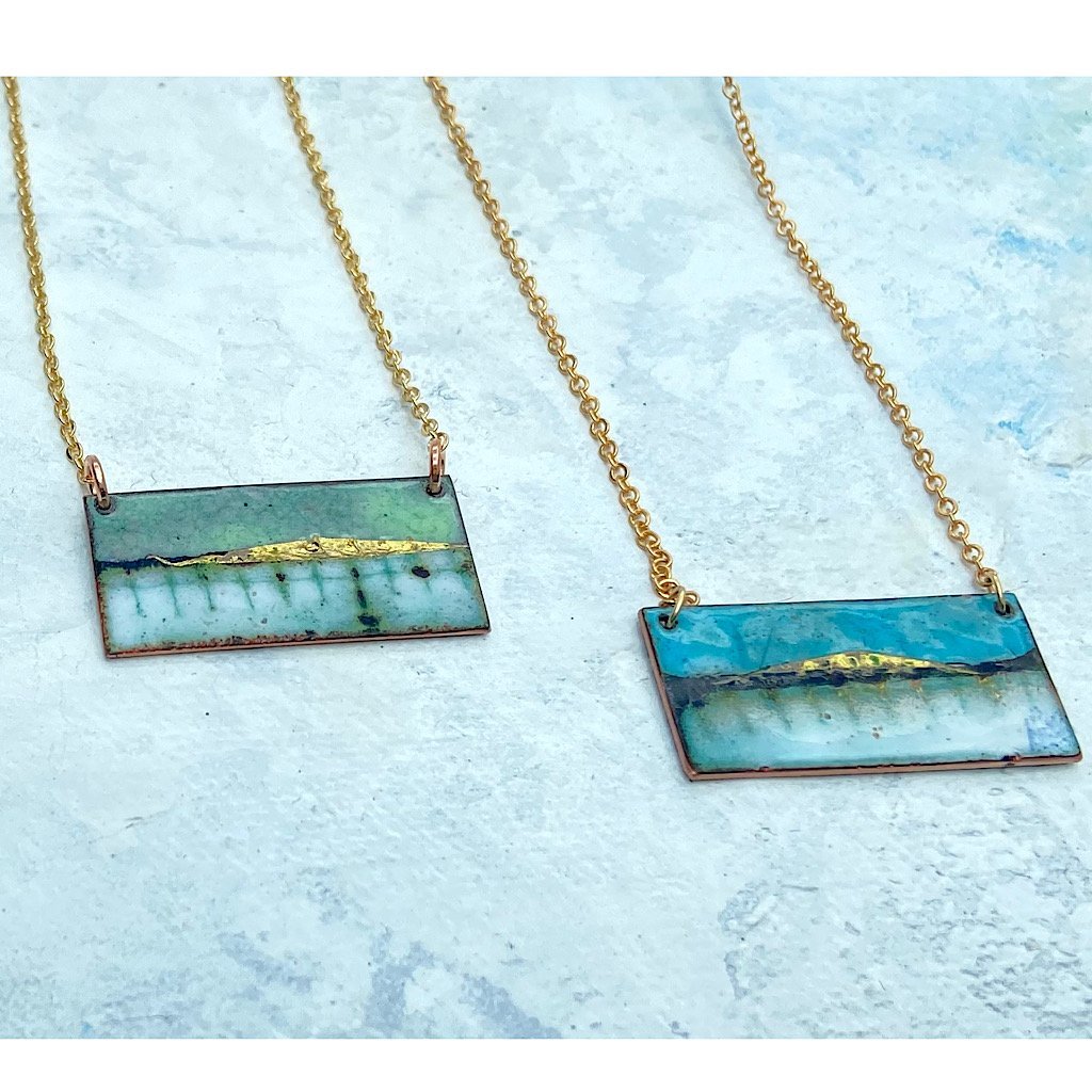 Landscape rectangle bar necklace in blue or green on gold plated chain - Katie Johnston Jewellery