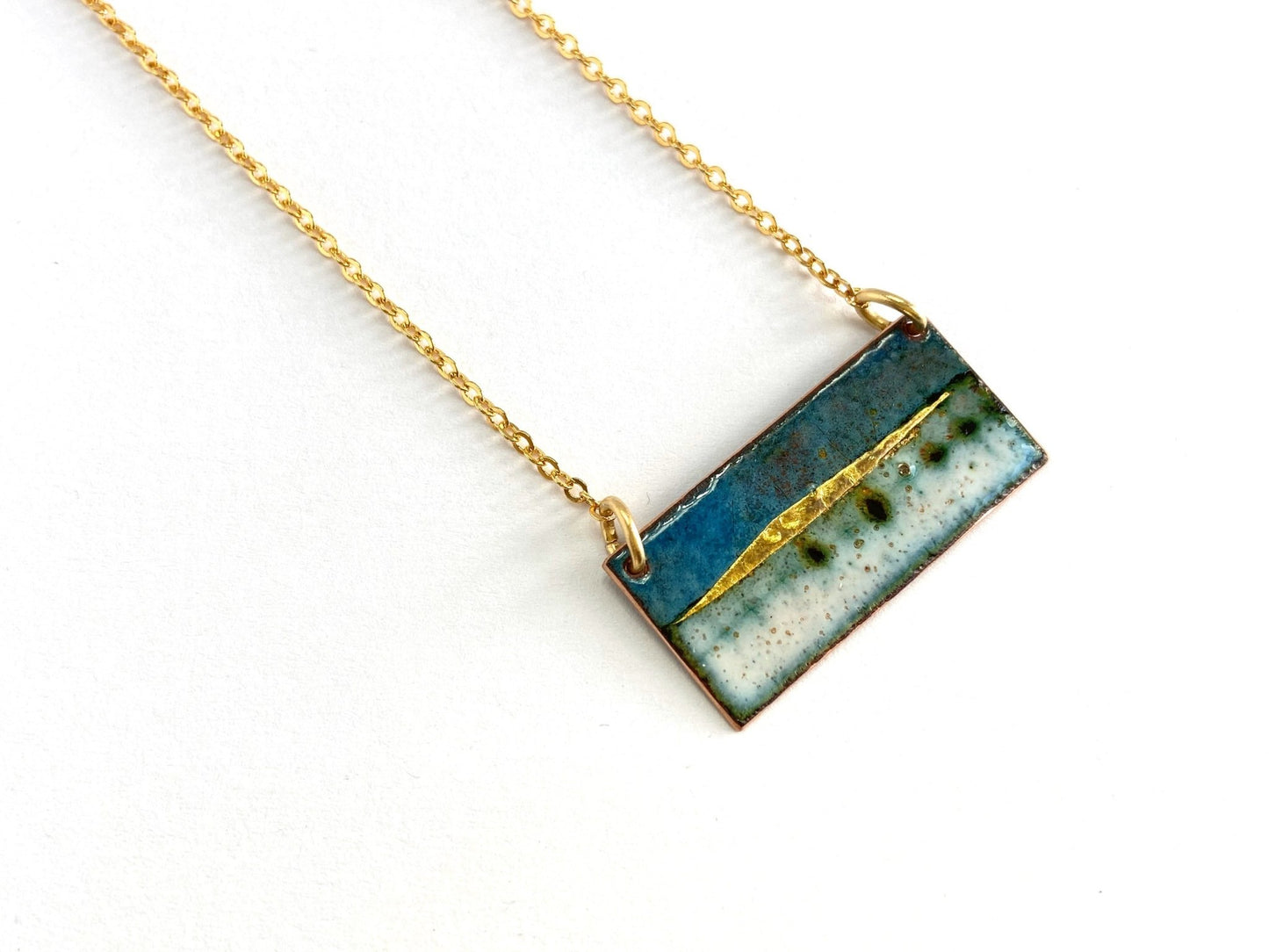 Landscape rectangle bar necklace in blue or green on gold plated chain - Katie Johnston Jewellery
