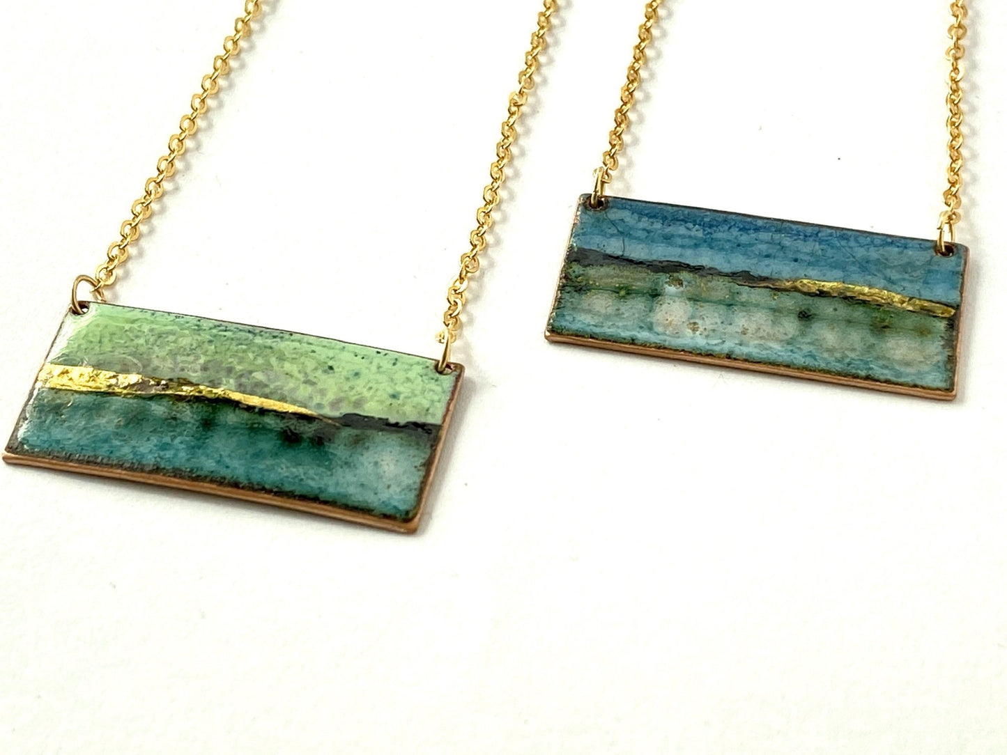 Landscape rectangle bar necklace in blue or green on gold plated chain - Katie Johnston Jewellery