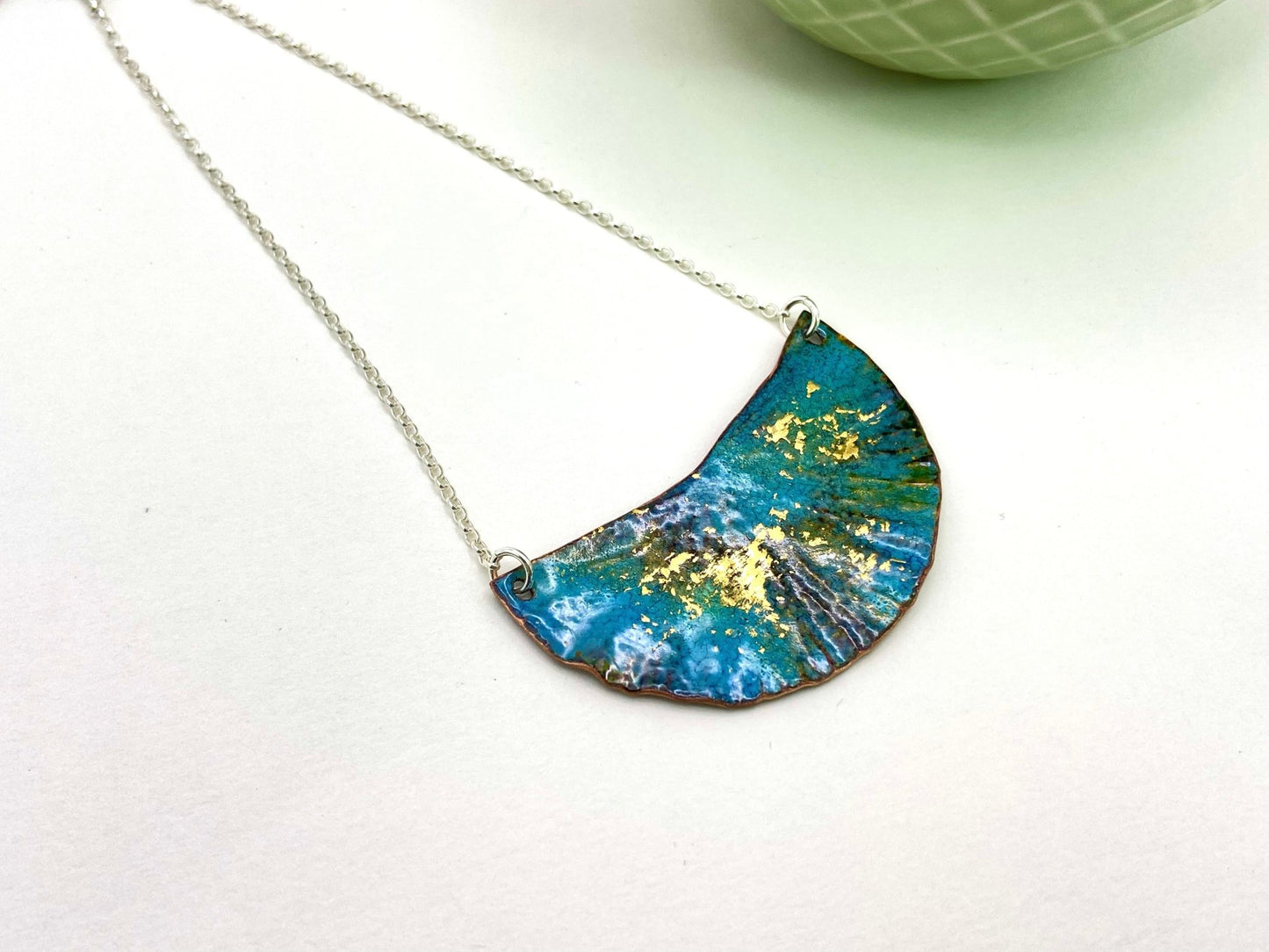 Ripple teal blue and gold enamel copper half moon silver statement pendant necklace - Katie Johnston Jewellery