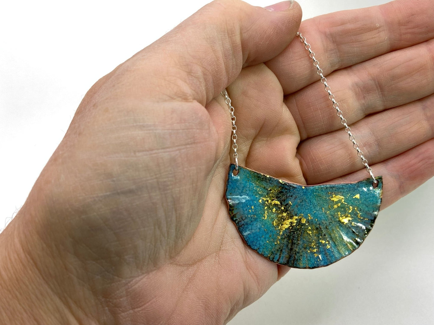 Ripple teal blue and gold enamel copper half moon silver statement pendant necklace - Katie Johnston Jewellery