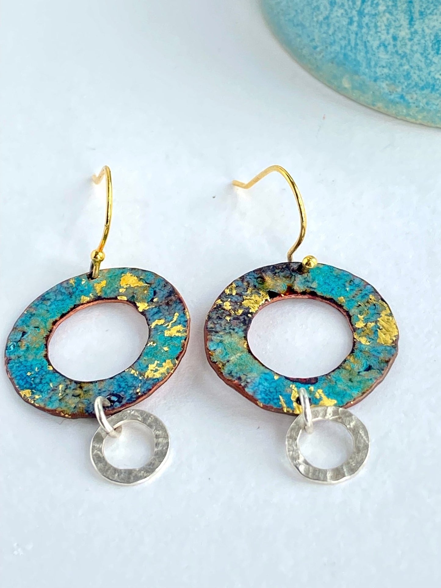 Ripple textured copper and blue gold enamel earrings with silver textured hoop - Katie Johnston Jewellery