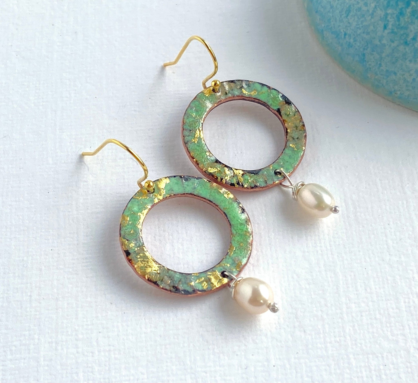 Ripple textured copper and green gold enamel earrings with pearl (small) - Katie Johnston Jewellery