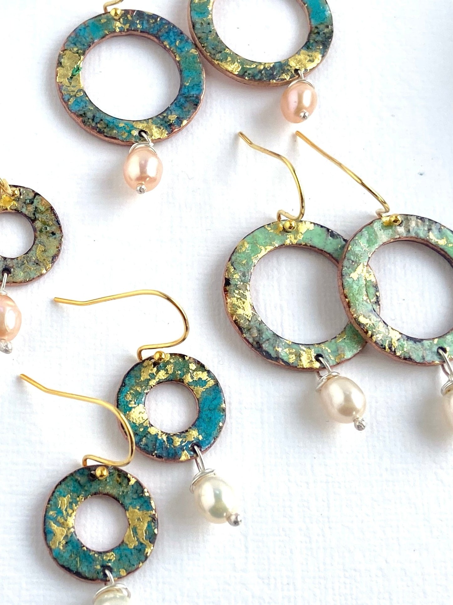 Ripple textured copper and green gold enamel earrings with pearl (small) - Katie Johnston Jewellery
