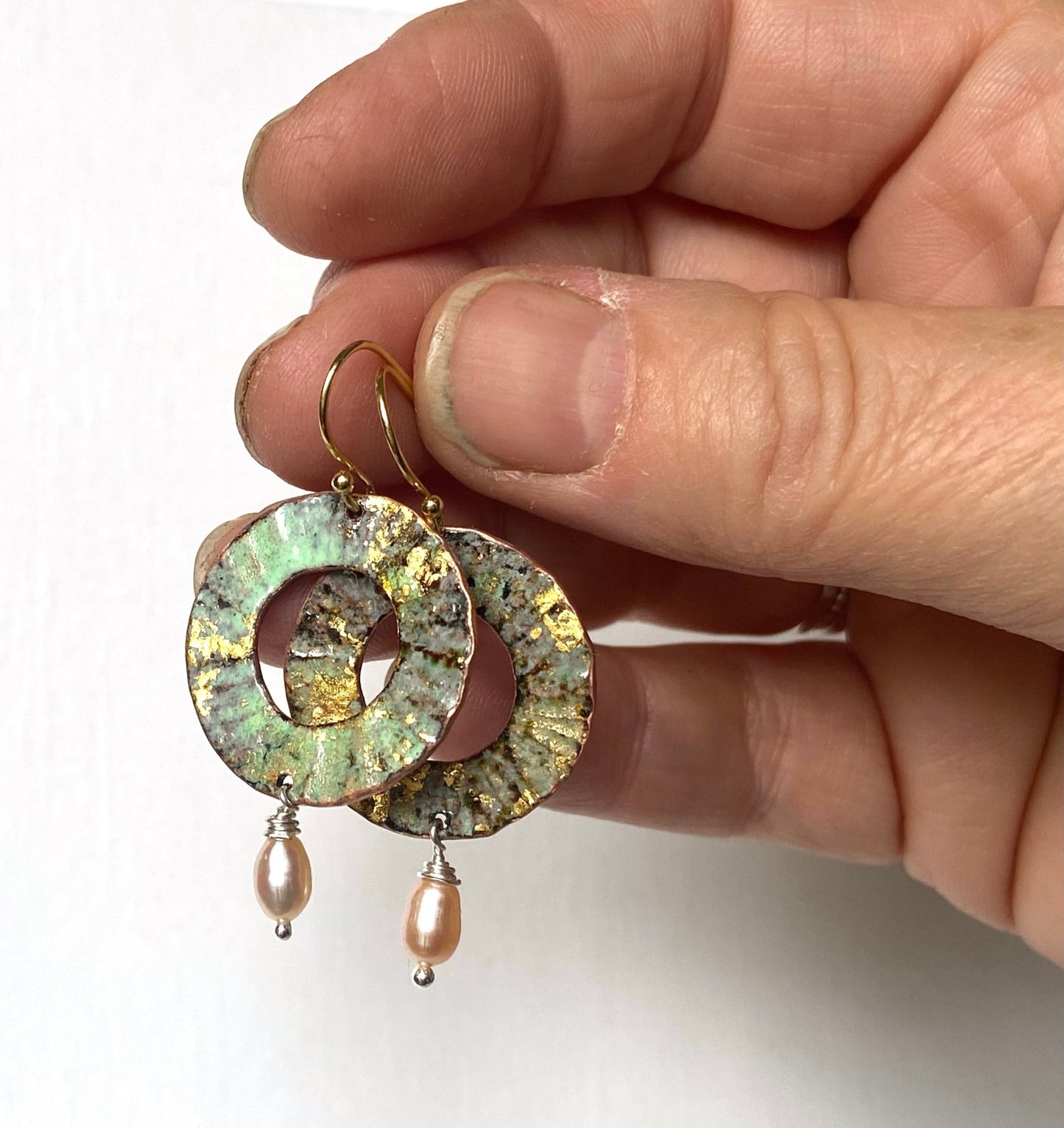 Ripple textured copper and green gold enamel earrings with pearl (small) - Katie Johnston Jewellery