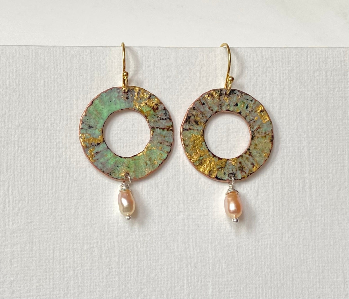 Ripple textured copper and green gold enamel earrings with pearl (small) - Katie Johnston Jewellery