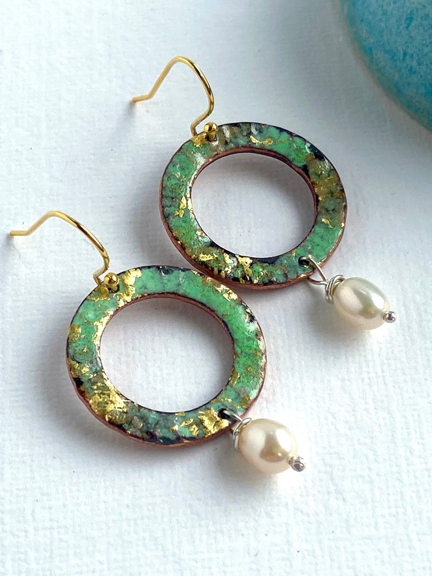 Ripple textured copper and green gold enamel earrings with pearl (small) - Katie Johnston Jewellery