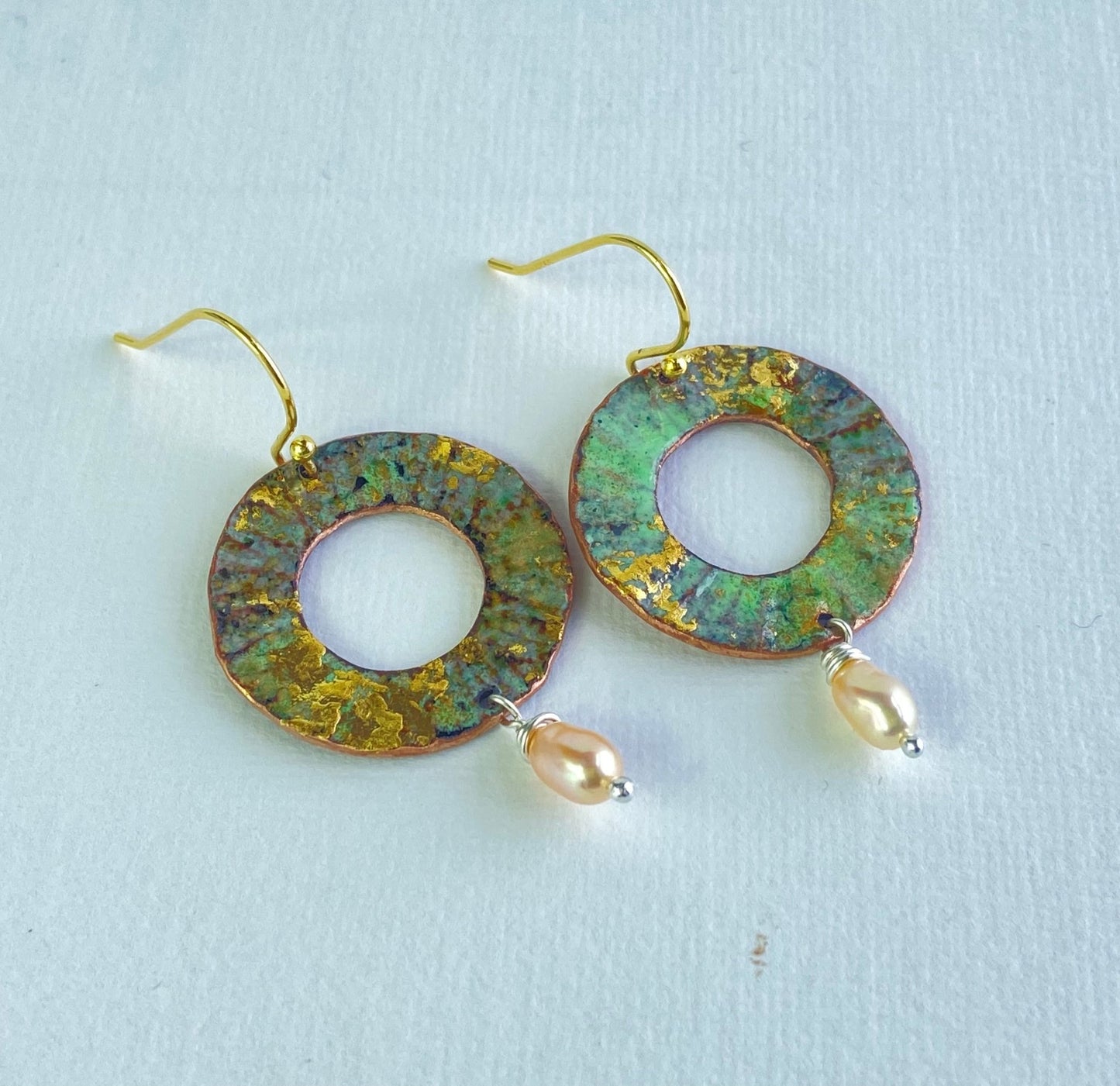 Ripple textured copper and green gold enamel earrings with pearl (small) - Katie Johnston Jewellery