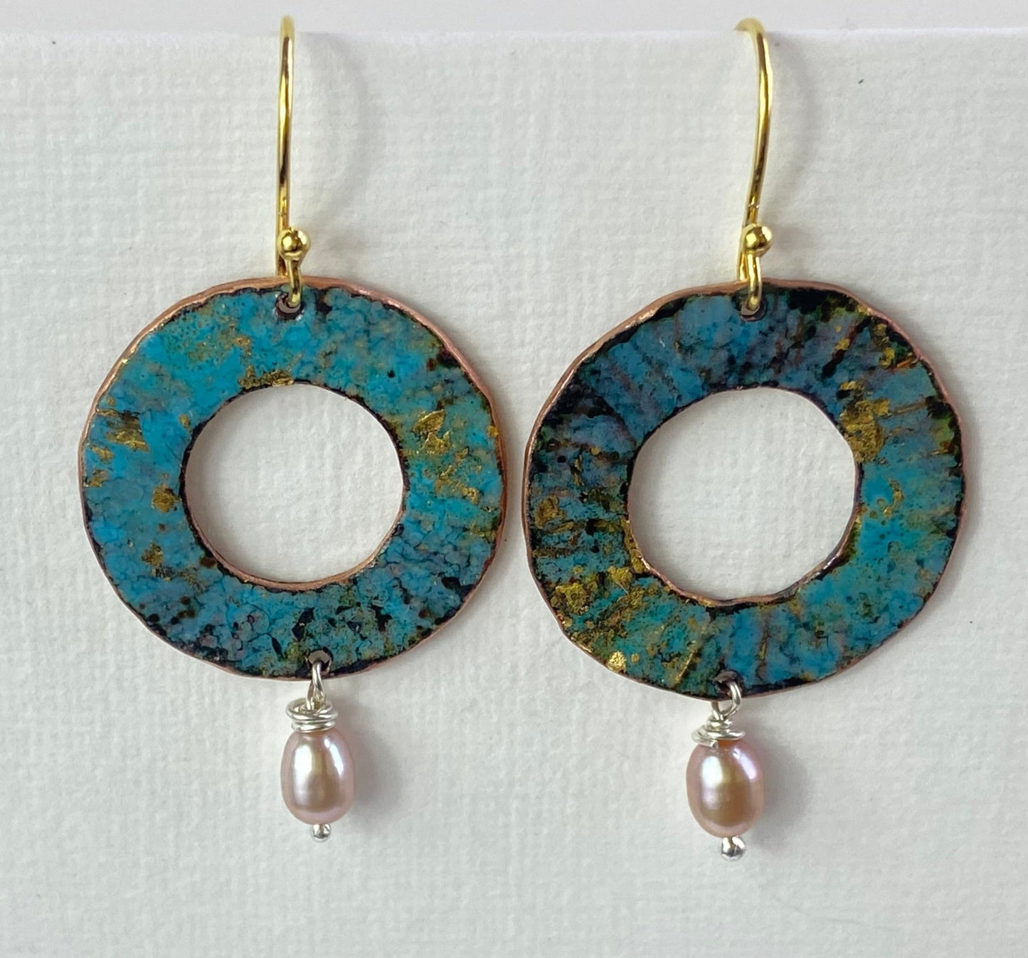 Ripple textured copper and turquoise blue enamel earrings with pearl (small) - Katie Johnston Jewellery