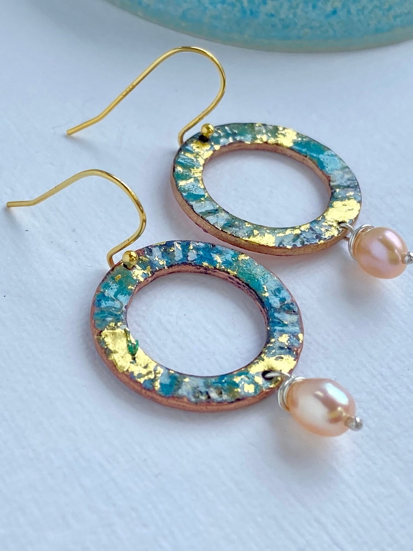 Ripple textured copper and turquoise blue enamel earrings with pearl (small) - Katie Johnston Jewellery