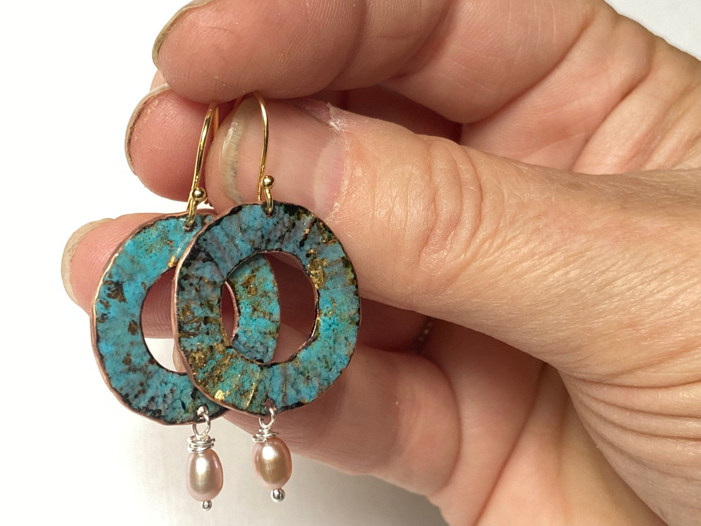 Ripple textured copper and turquoise blue enamel earrings with pearl (small) - Katie Johnston Jewellery
