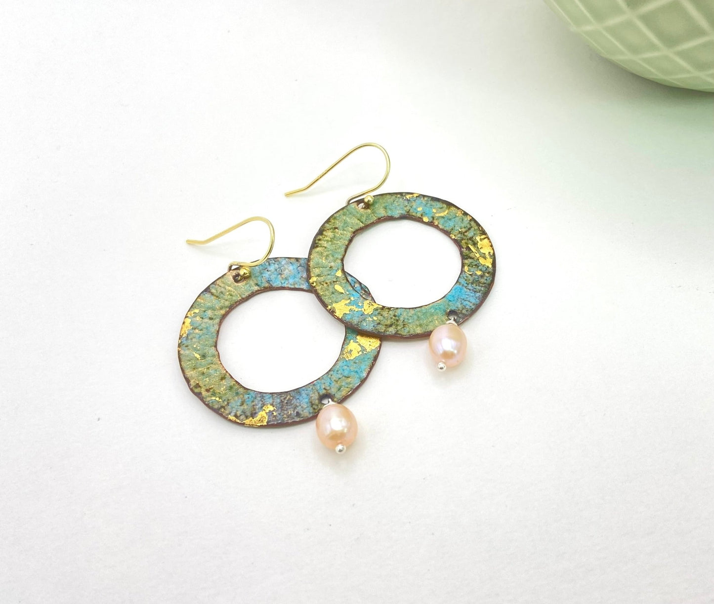 Ripple textured copper and turquoise enamel earrings with pearl - Katie Johnston Jewellery