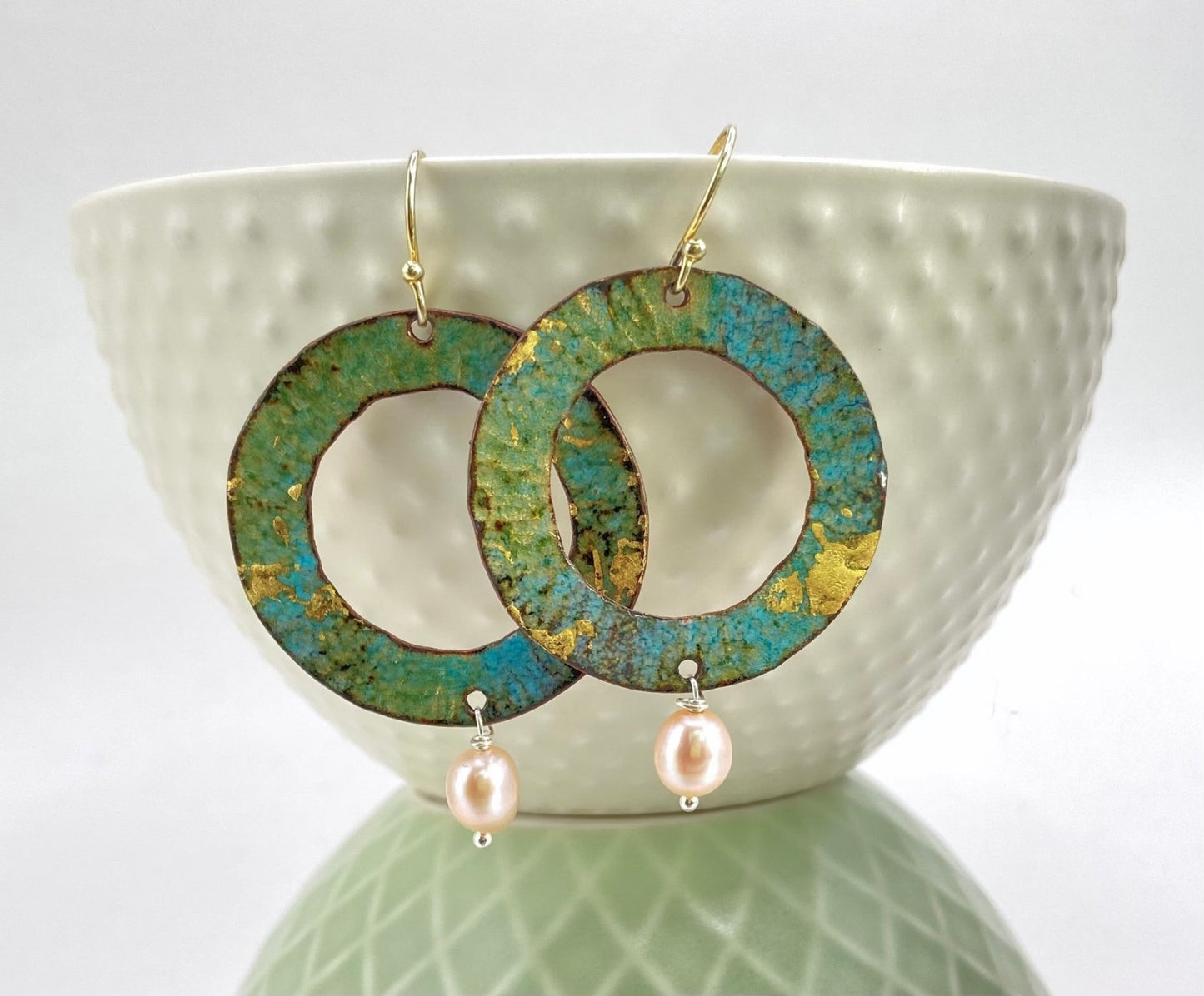 Ripple textured copper and turquoise enamel earrings with pearl - Katie Johnston Jewellery