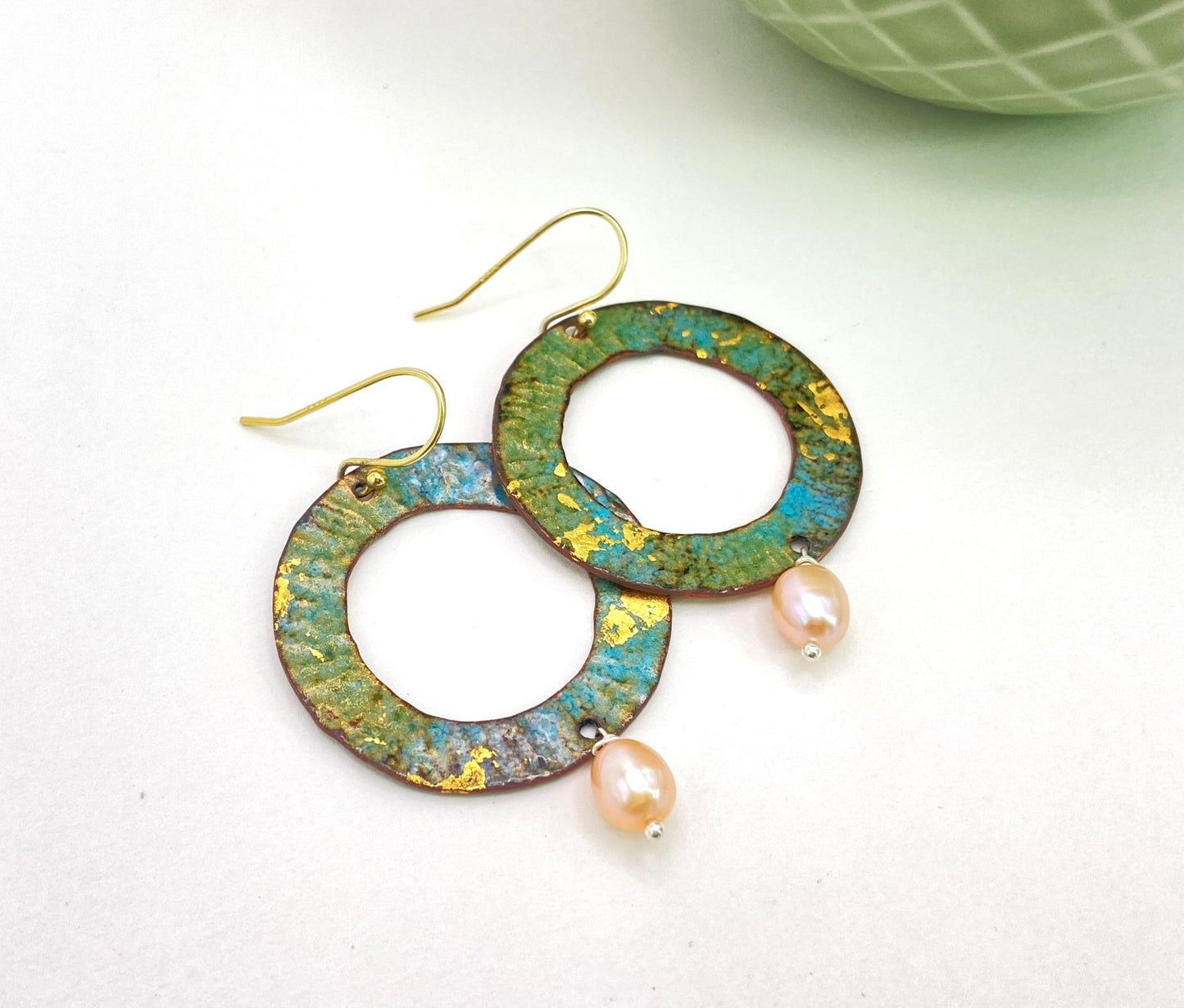 Ripple textured copper and turquoise enamel earrings with pearl - Katie Johnston Jewellery