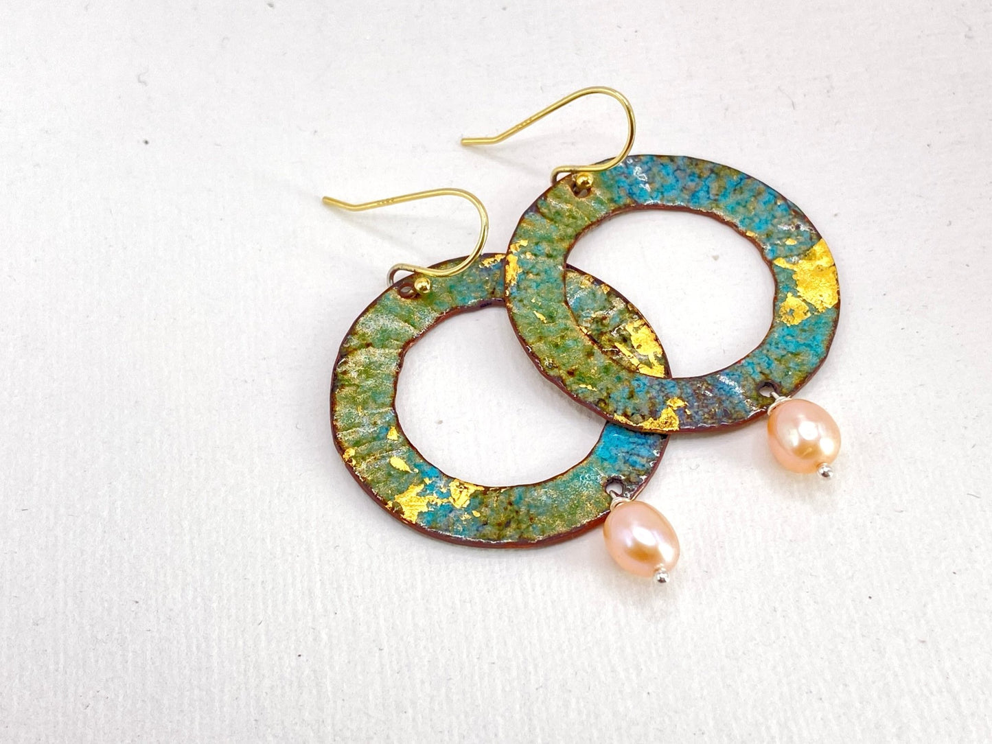 Ripple textured copper and turquoise enamel earrings with pearl - Katie Johnston Jewellery