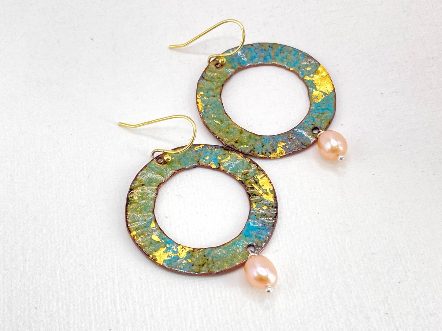 Ripple textured copper and turquoise enamel earrings with pearl - Katie Johnston Jewellery