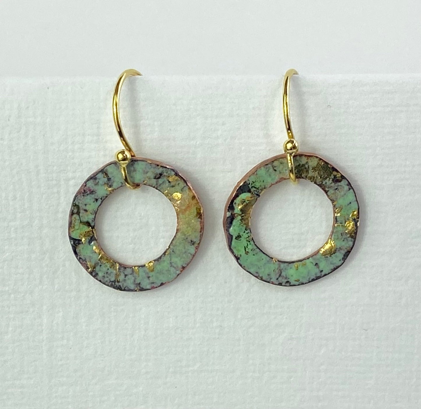 Ripple textured copper and turquoise green gold hoop enamel earrings - Katie Johnston Jewellery