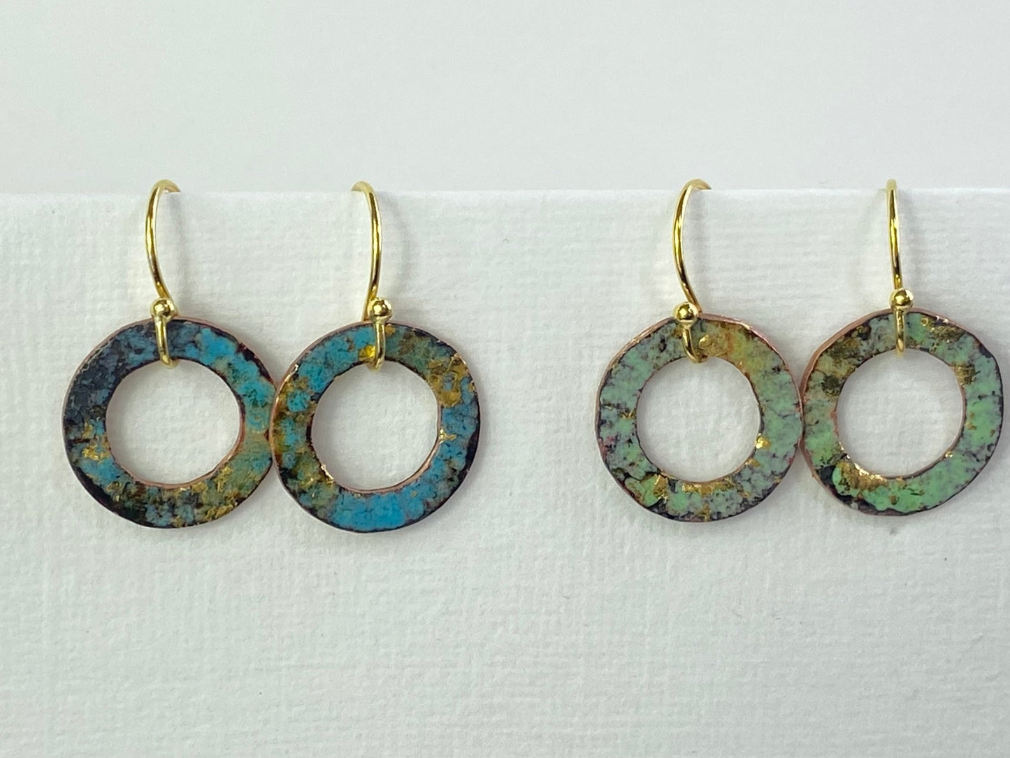 Ripple textured copper and turquoise green gold hoop enamel earrings - Katie Johnston Jewellery