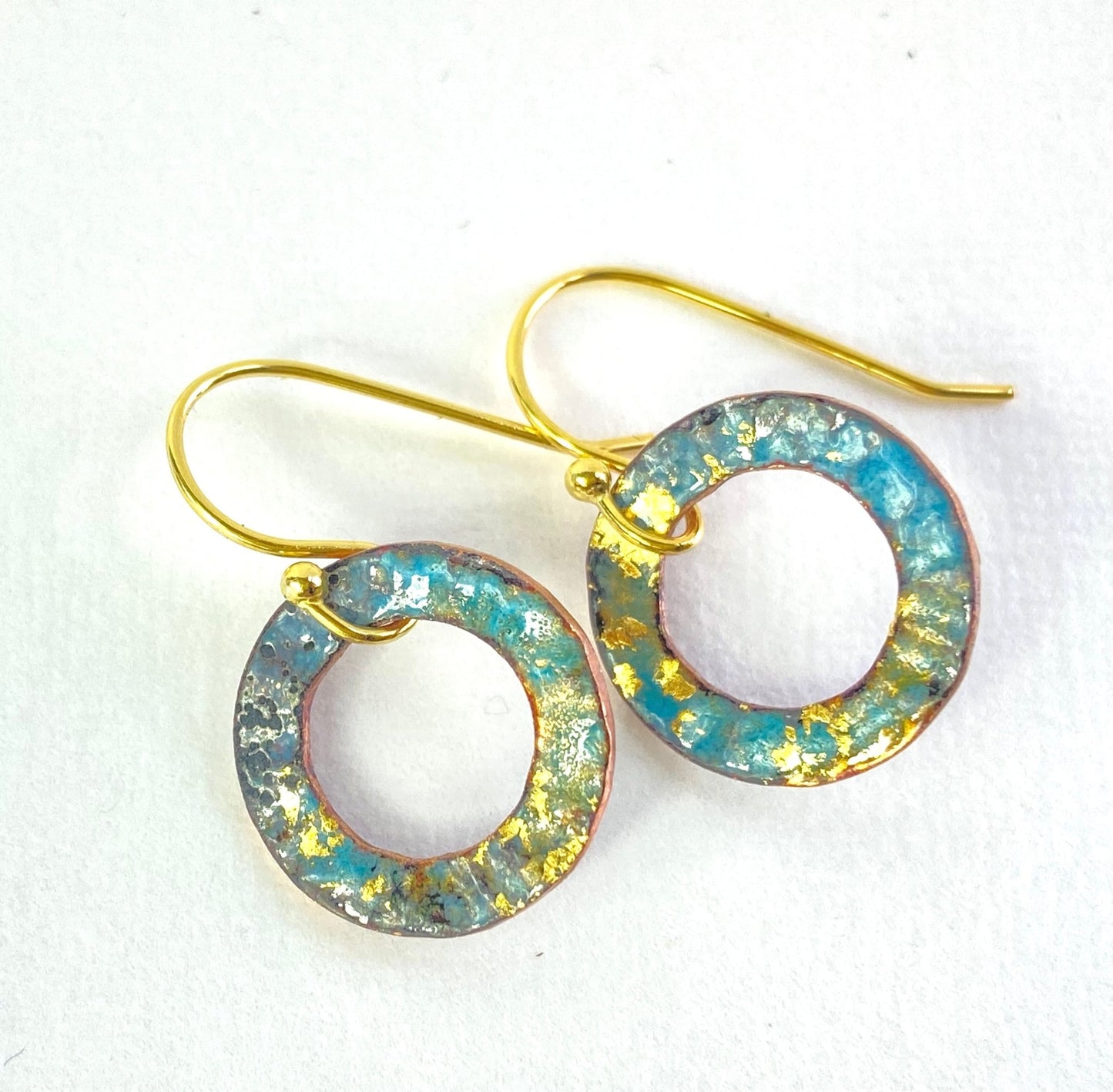 Ripple textured copper and turquoise green gold hoop enamel earrings - Katie Johnston Jewellery