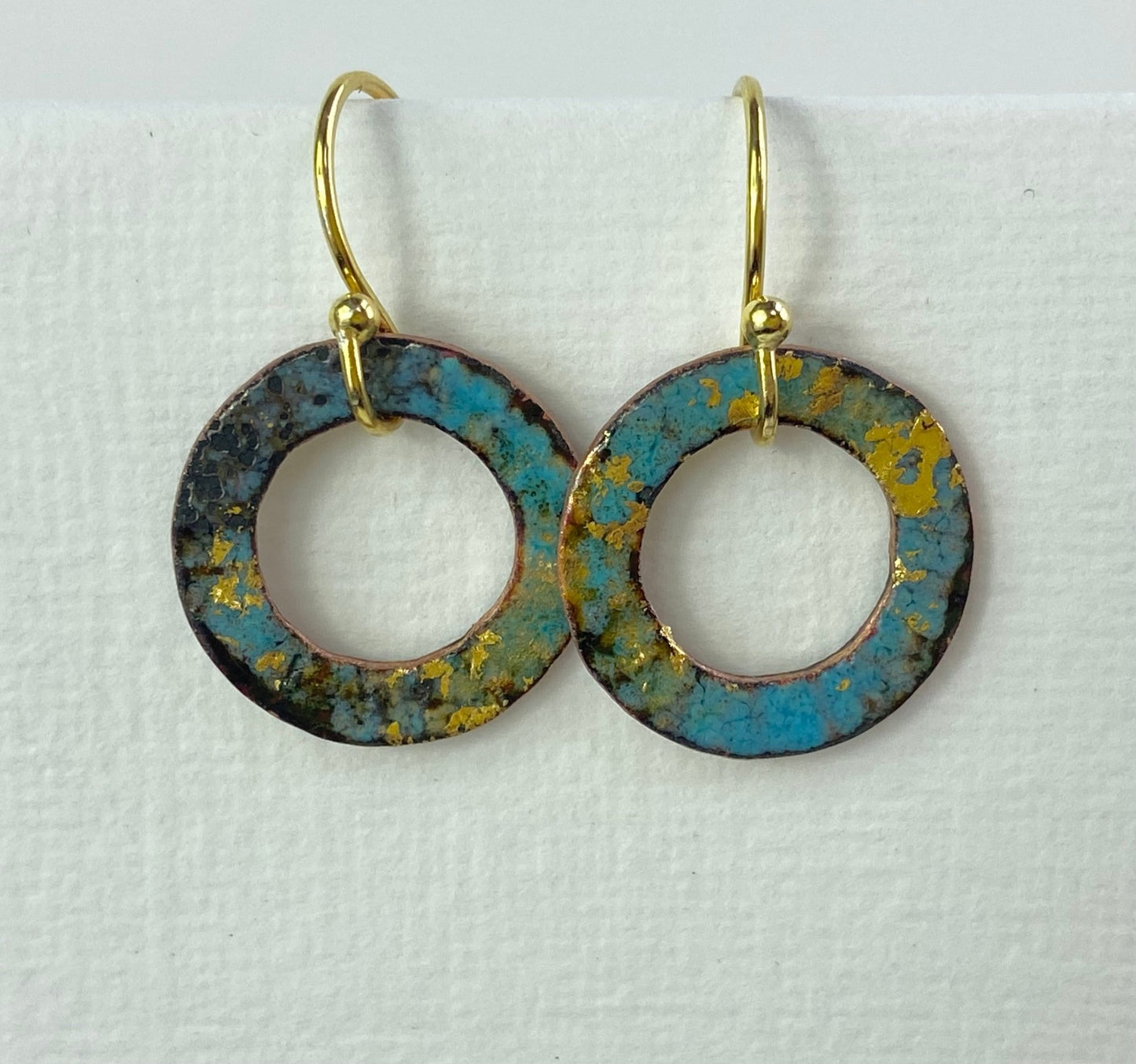 Ripple textured copper and turquoise green gold hoop enamel earrings - Katie Johnston Jewellery