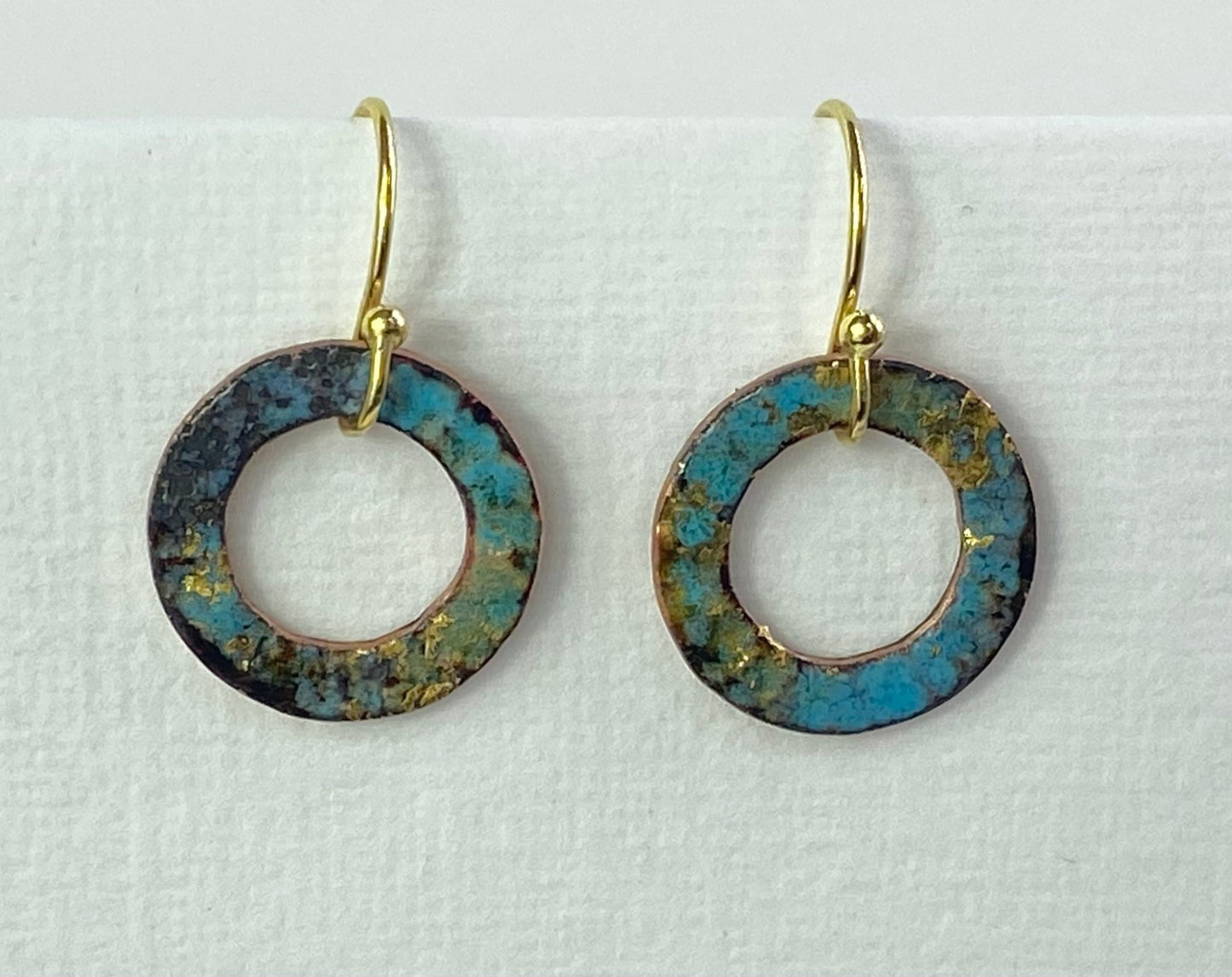 Ripple textured copper and turquoise green gold hoop enamel earrings - Katie Johnston Jewellery