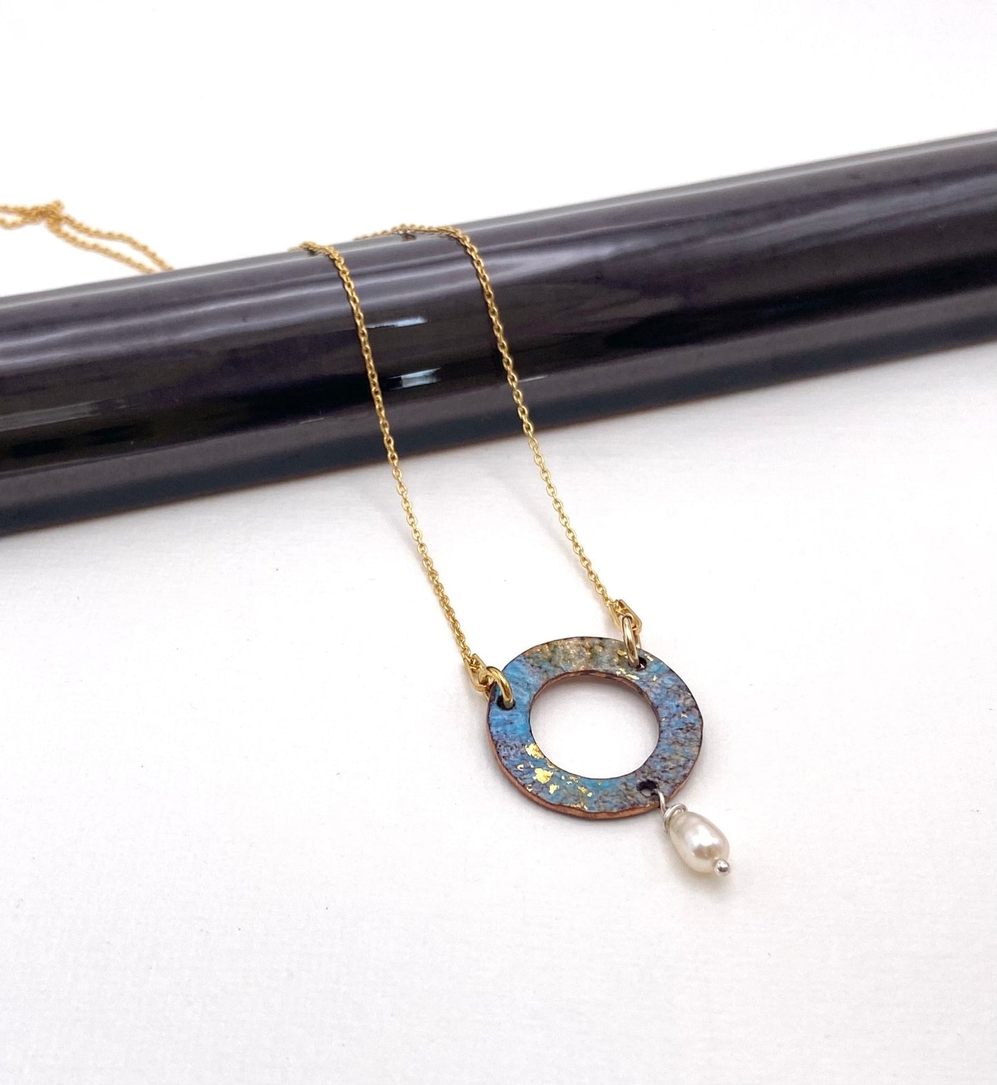 Ripple turquoise enamel copper and pearl pendant necklace - Katie Johnston Jewellery