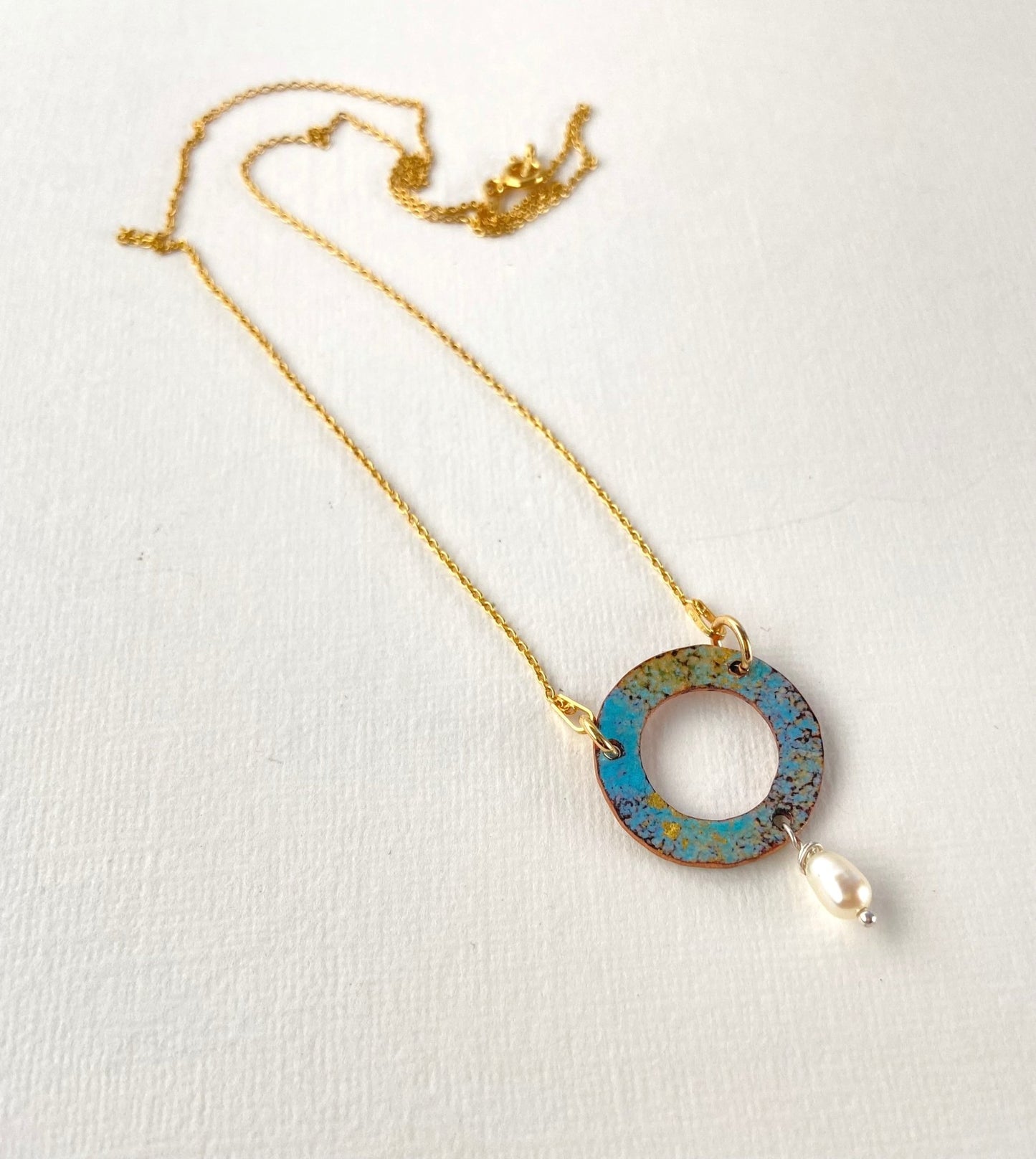 Ripple turquoise enamel copper and pearl pendant necklace - Katie Johnston Jewellery