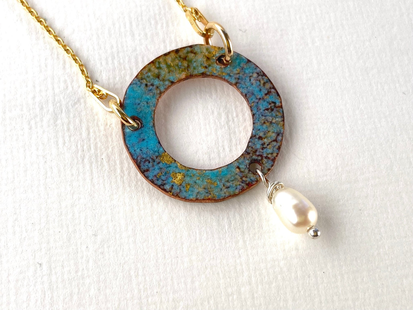 Ripple turquoise enamel copper and pearl pendant necklace - Katie Johnston Jewellery
