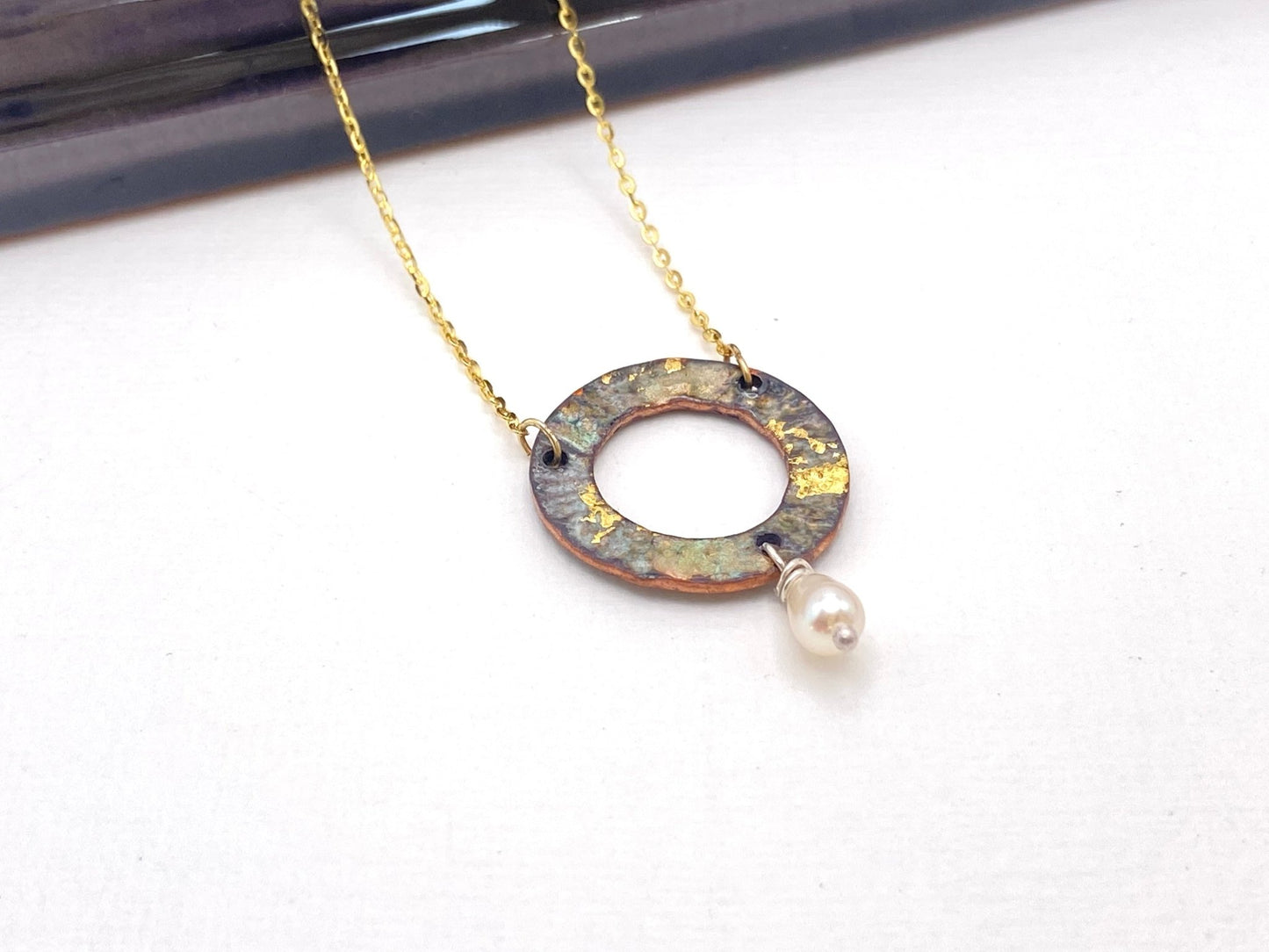 Ripple turquoise enamel copper and pearl pendant necklace - Katie Johnston Jewellery