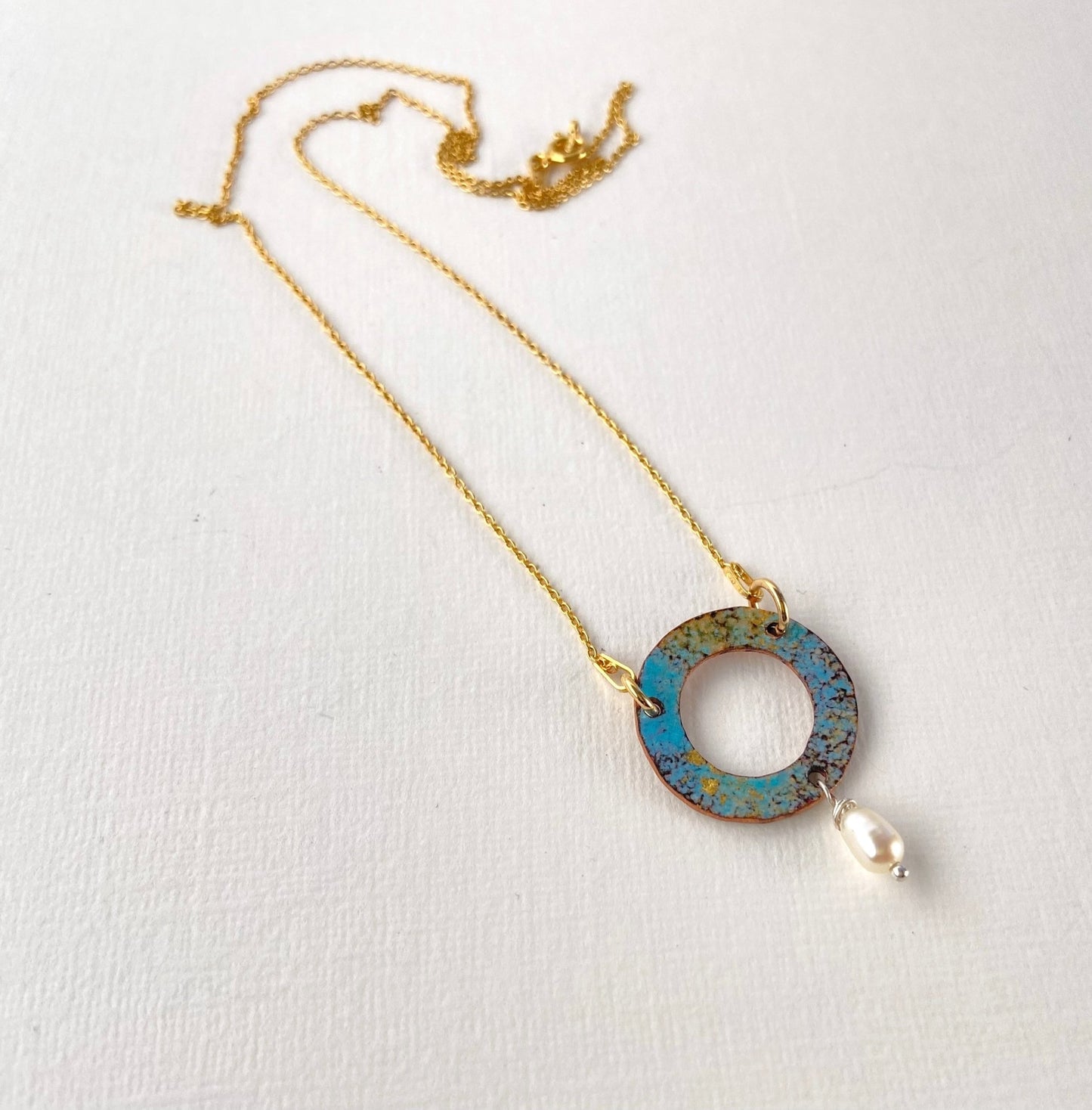 Ripple turquoise enamel copper and pearl pendant necklace - Katie Johnston Jewellery