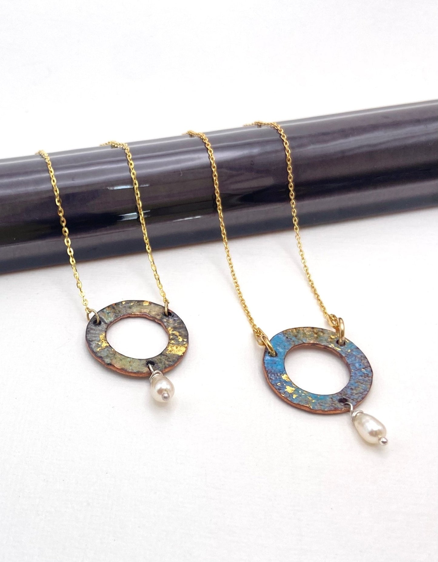 Ripple turquoise enamel copper and pearl pendant necklace - Katie Johnston Jewellery