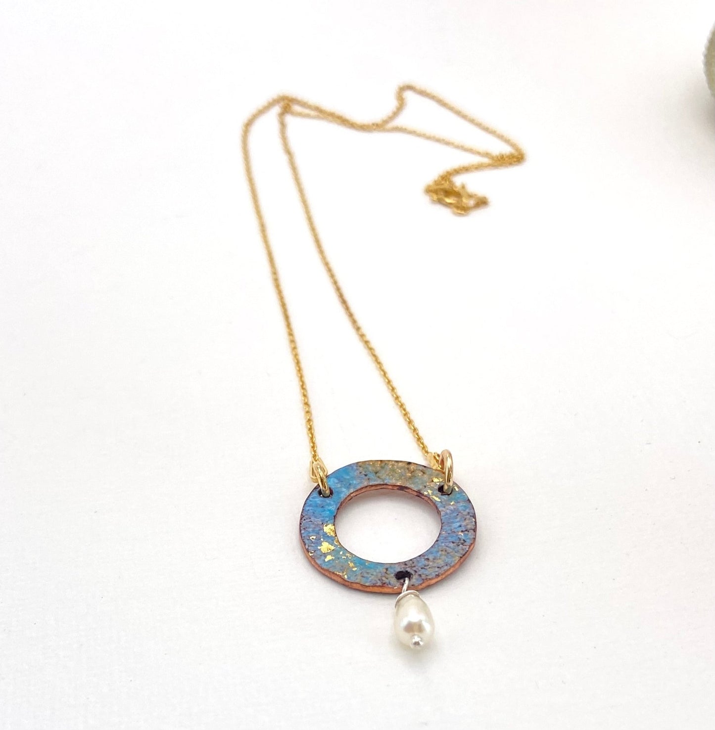 Ripple turquoise enamel copper and pearl pendant necklace - Katie Johnston Jewellery