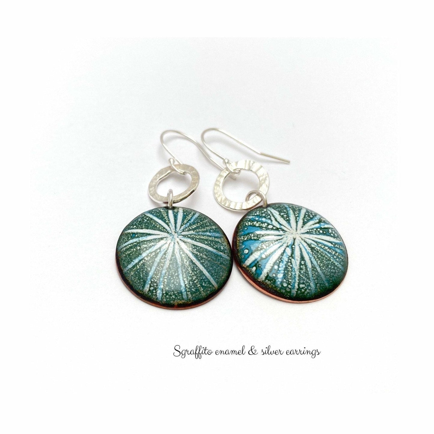 Sgraffito enamel and silver hoop earrings. - Katie Johnston Jewellery