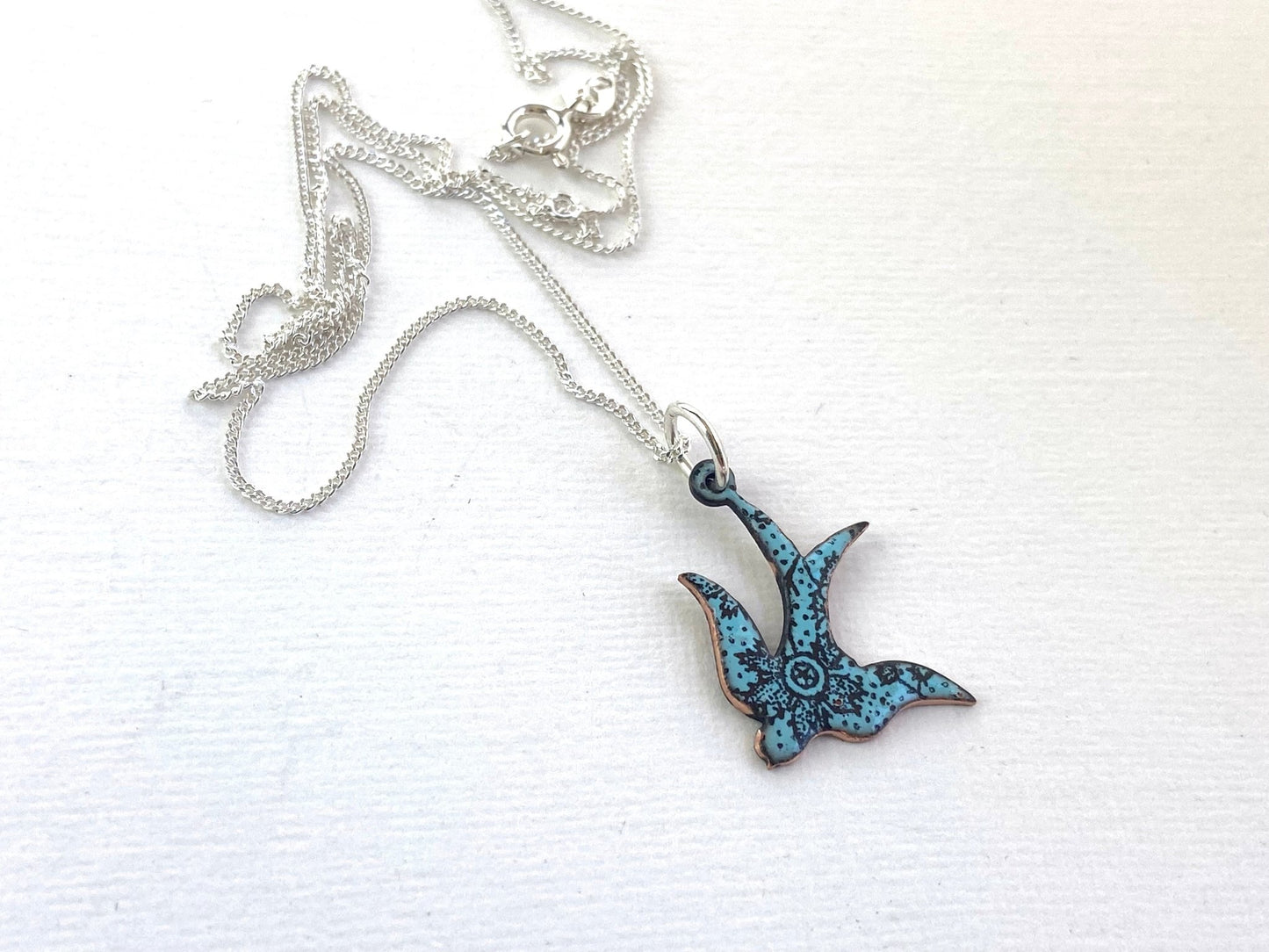 Swallow bird enamel necklace - blue or green - Katie Johnston Jewellery